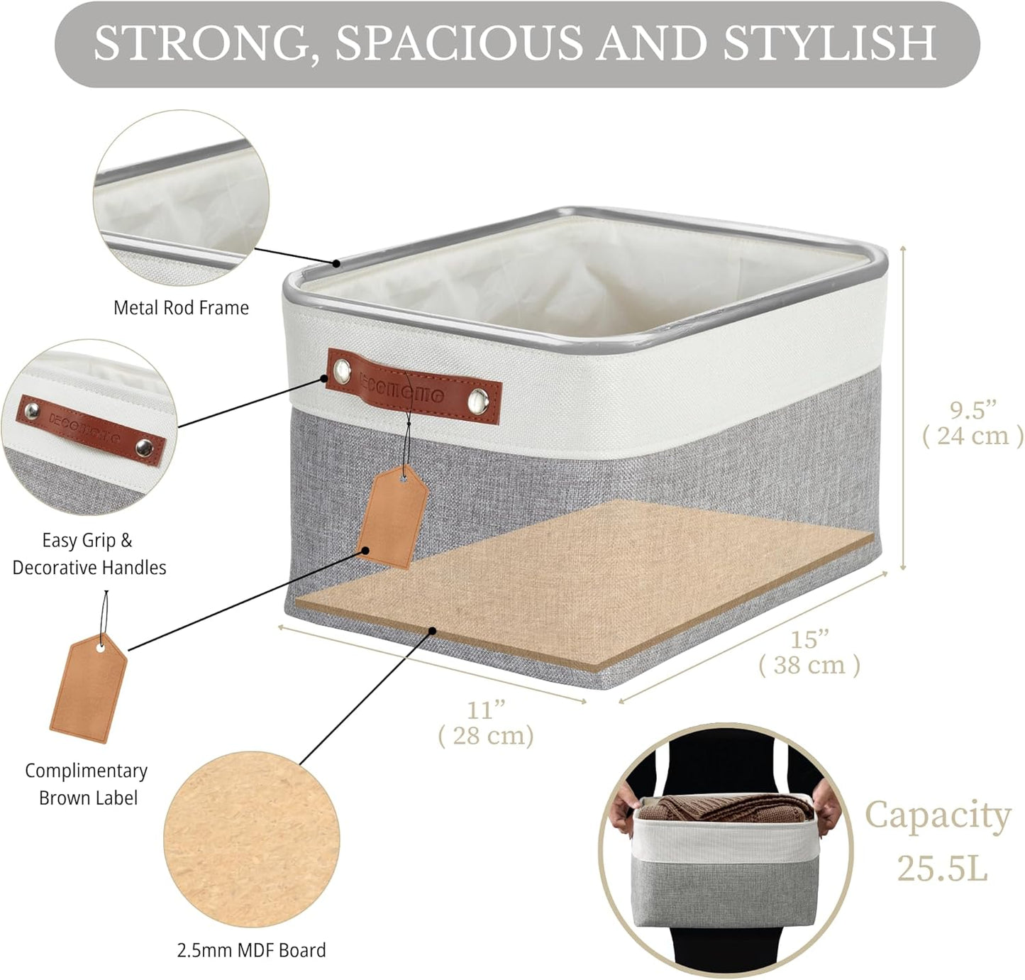 DECOMOMO Storage Baskets for Shelves - Fabric Storage Bins, Linen Closet Organizers and Storage (Grey & White, Large - 4 Pack)