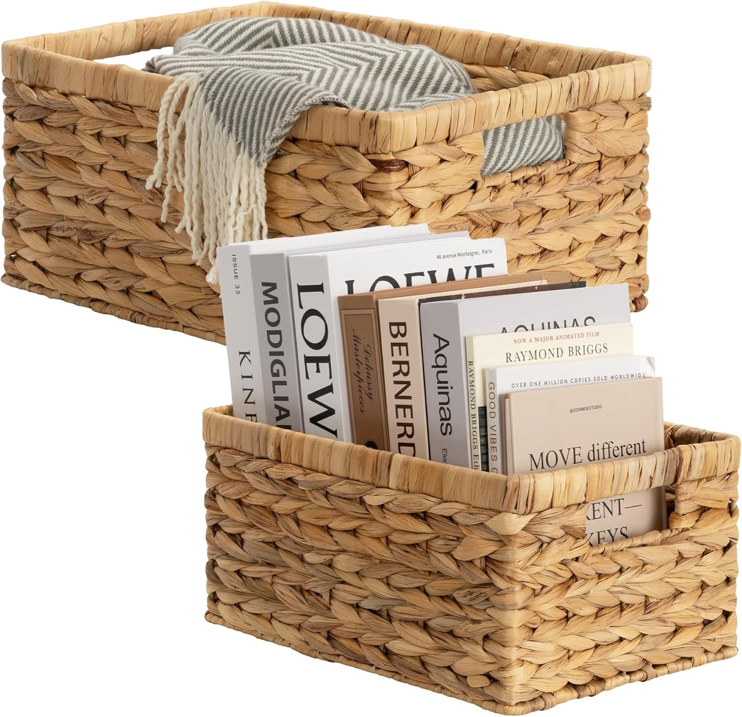 StorageWorks Wicker Storage Baskets, Handwoven Water Hyacinth Basket for Organizing, Decorative Organizers with Built-in Handles, Set of 2
