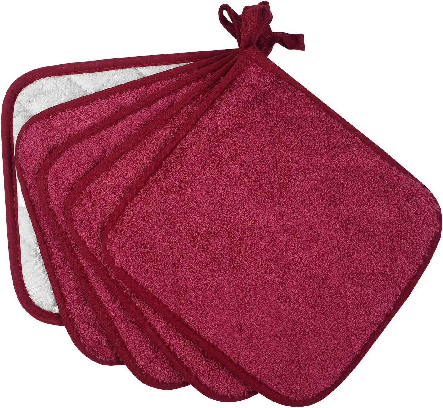 100% Cotton Kitchen Everyday Basic Terry Pot Holder Heat Resistant Coaster Potholder for Cooking and Baking Set of 5 Wine