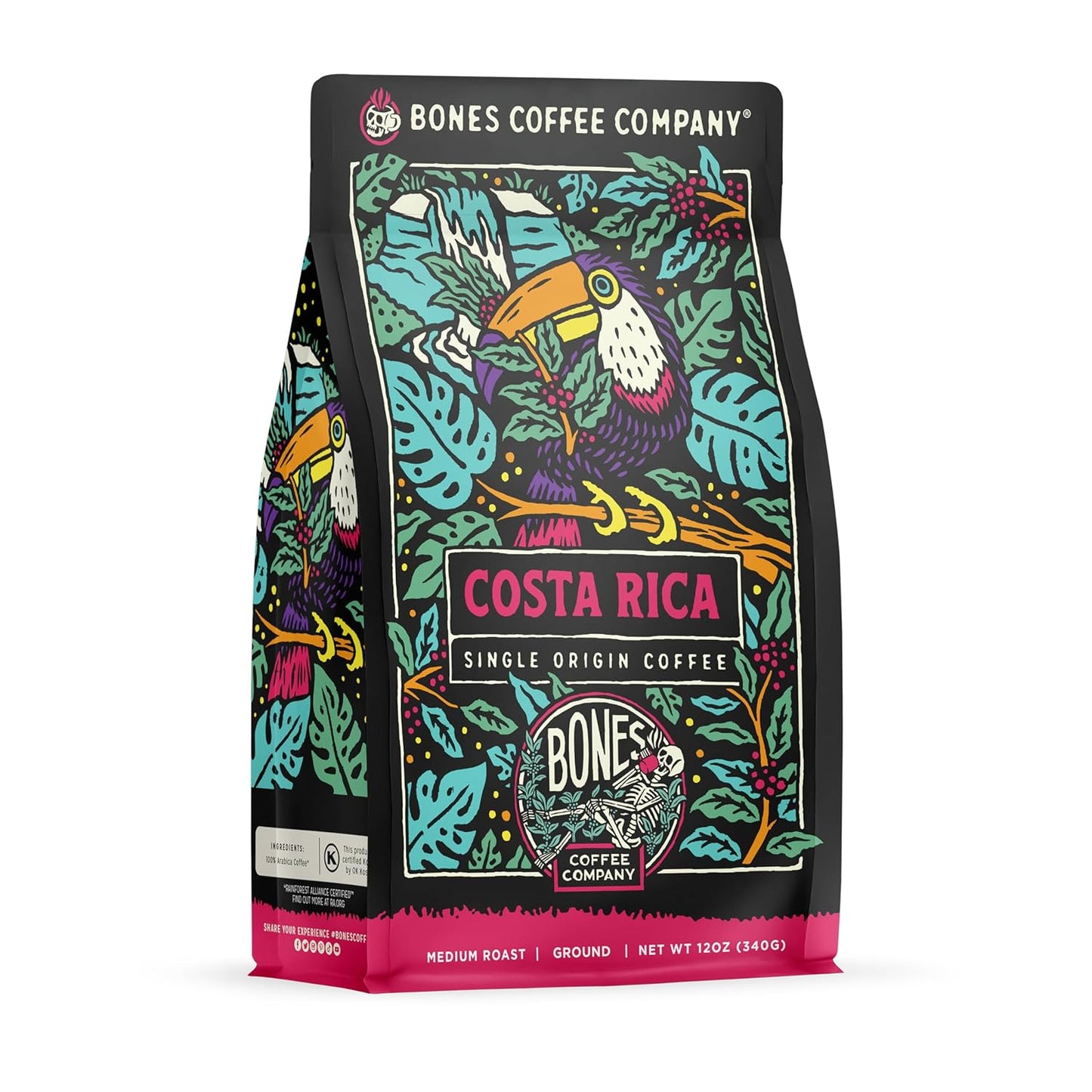 Bones Coffee Company Costa Rica Single-Origin, Cocoa, Nutty and Milk Chocolate Notes, Ground Coffee Beans, Low Acid Medium Roast Arabica Beans Flavored Coffee for Auto drip Coffee Maker, 12 oz Ground