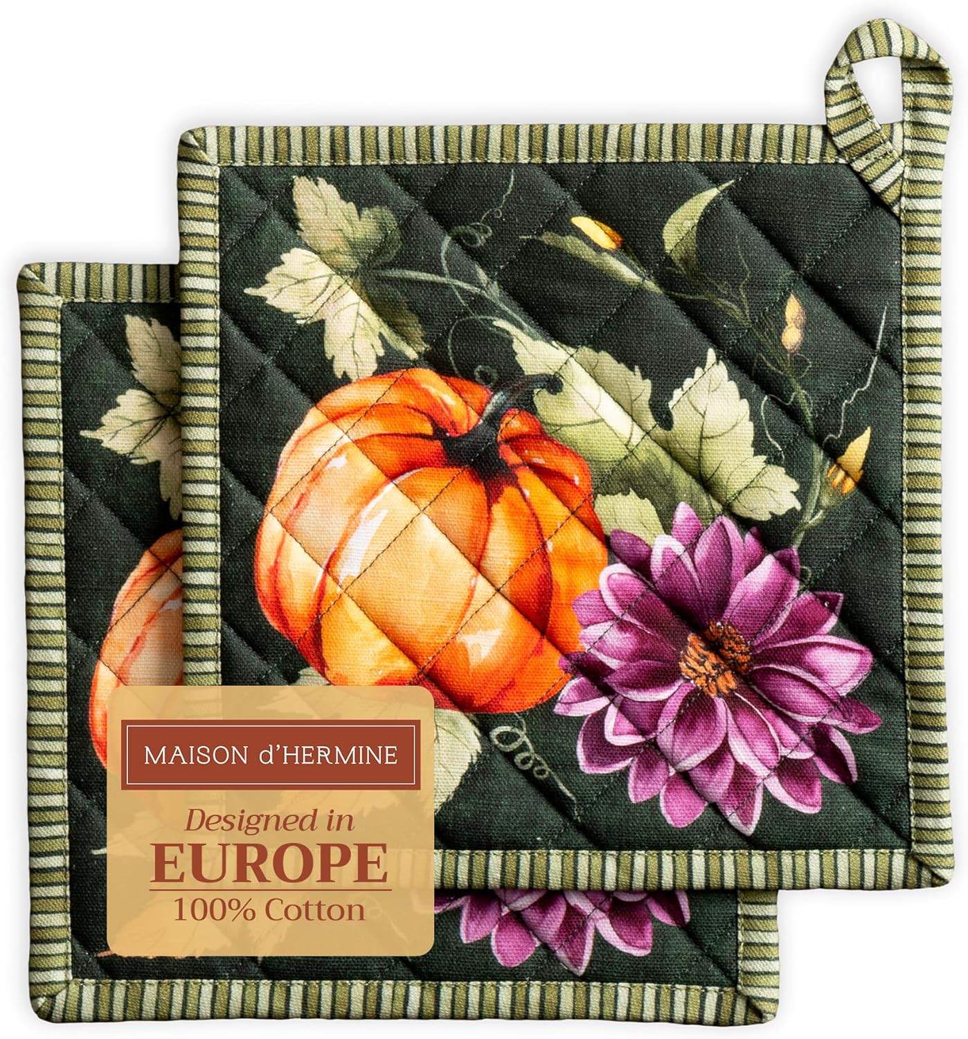Maison d' Hermine Pot Holders Set 100% Cotton Heat Resistant Potholders 8" x 8" Hot Pads with Loop BBQ, Cooking, Baking, Grilling, Kitchen, Handling Hot Pans (Pack of 2, Pumpkin Garden - Dark Green)