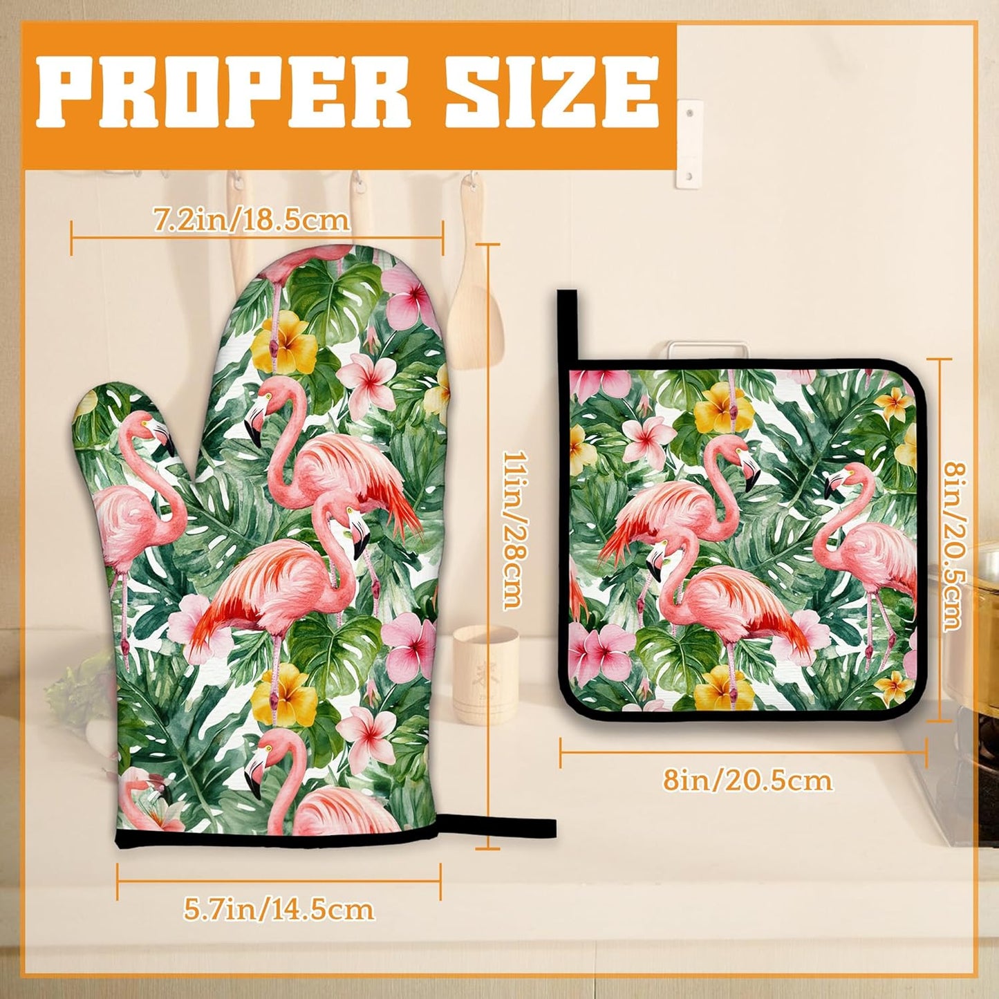 Palm Leaf Oven Mitts and Pot Holders Set,Flamingo Tropical Kitchen Oven Gloves and Pot Holder with Heat Resistant Non Slip for Cooking Baking Grilling(4 Piece Set)