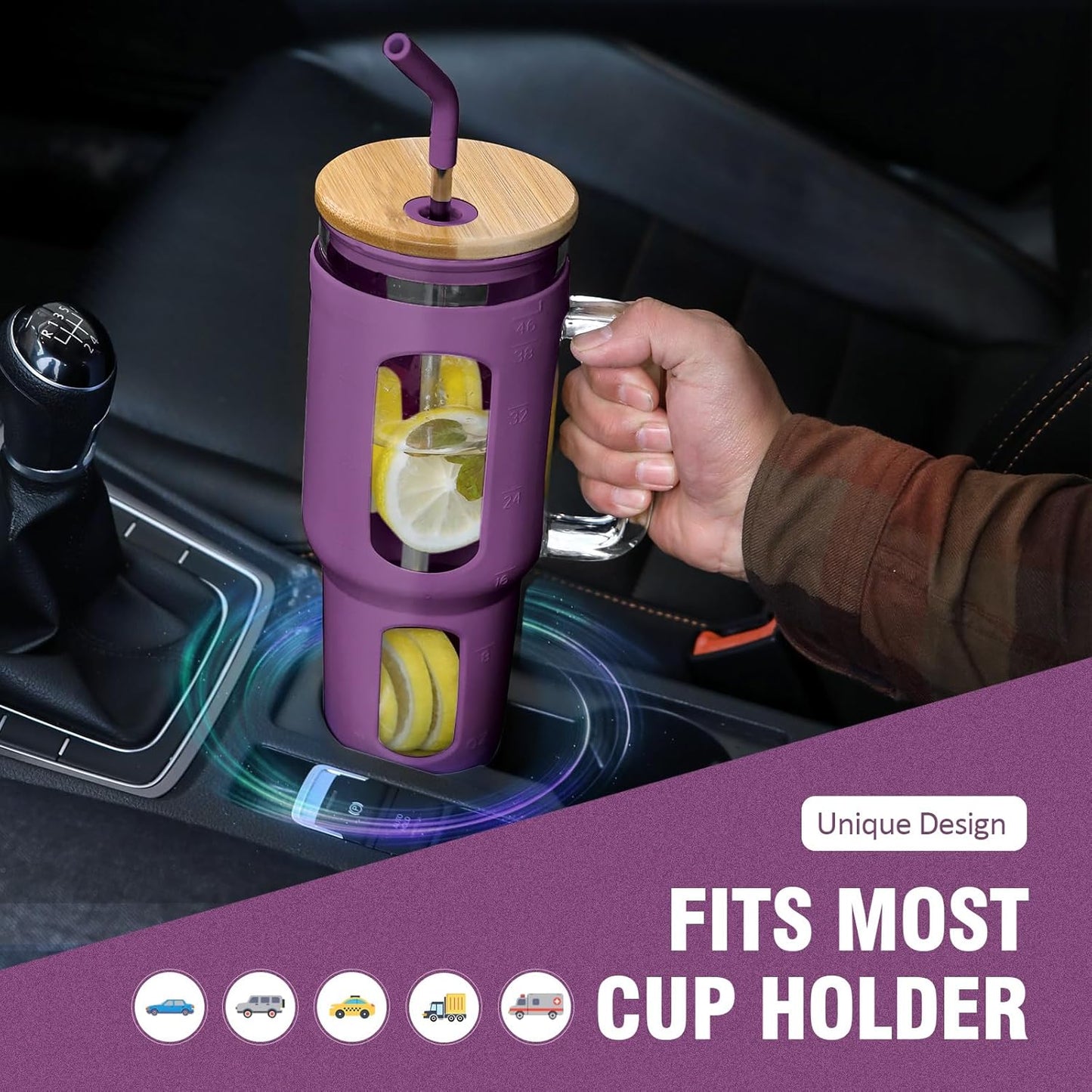 Glass Tumbler with Lid and Straw, 46 oz Iced Coffee Cup with Handle, Glass Water Bottles with Silicone Sleeve, BPA Free-Purple
