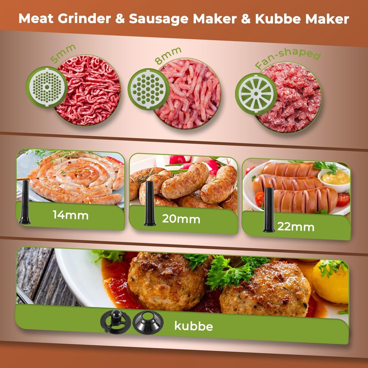 Electric Meat Grinder 3200W Heavy Duty Commercial Meat Grinders, Sausage Stuffer, Kubbe Kit with 2 Cutting Blades, 3 Grinding Plates, 3 Sausage Tubes, Metal Gearbox Meat Grinder for Home Use