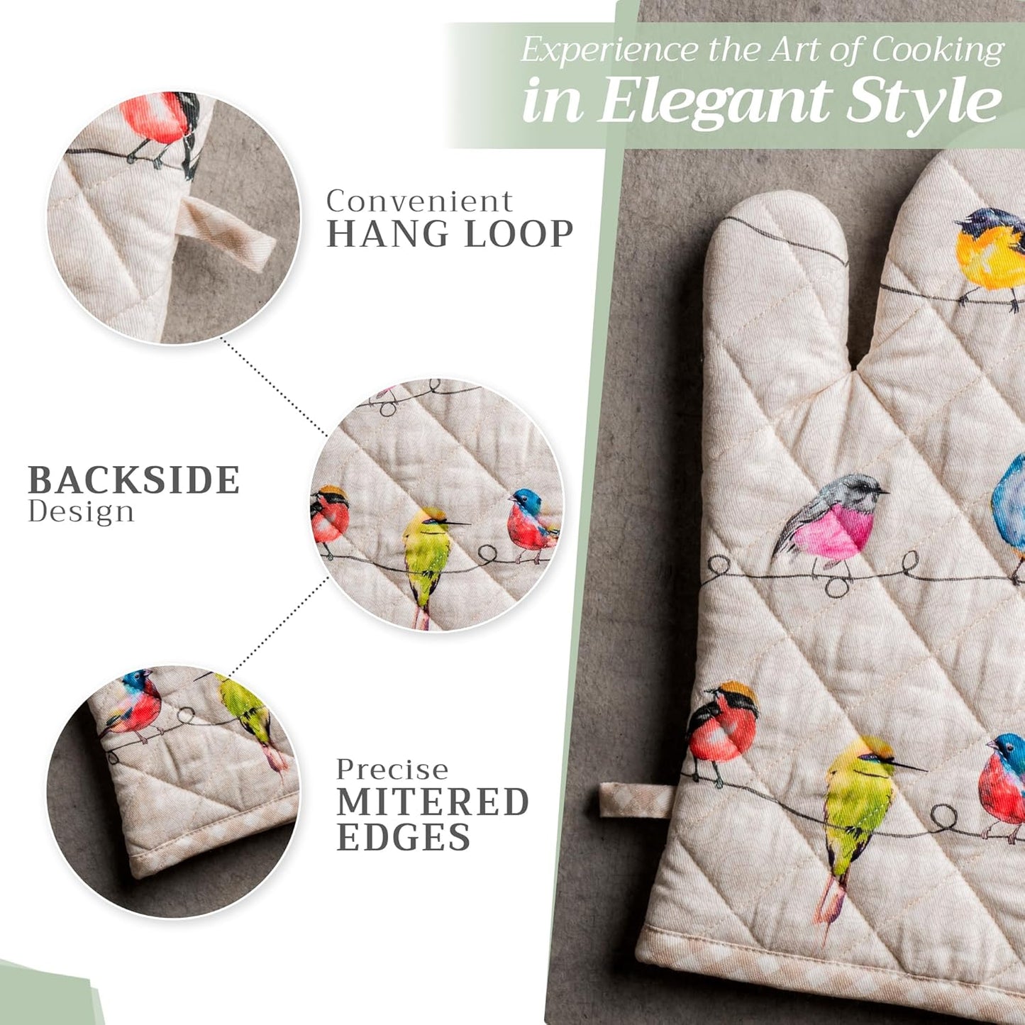 Maison d'Hermine Oven Gloves 100% Cotton Oven Mitt 7" x 13" with Loop Heat Resistant, BBQ, Cooking Gloves, Baking, Grilling, Kitchen, Handling Hot Pans Spring/Summer (Pack of 1, Birdies On Wire)