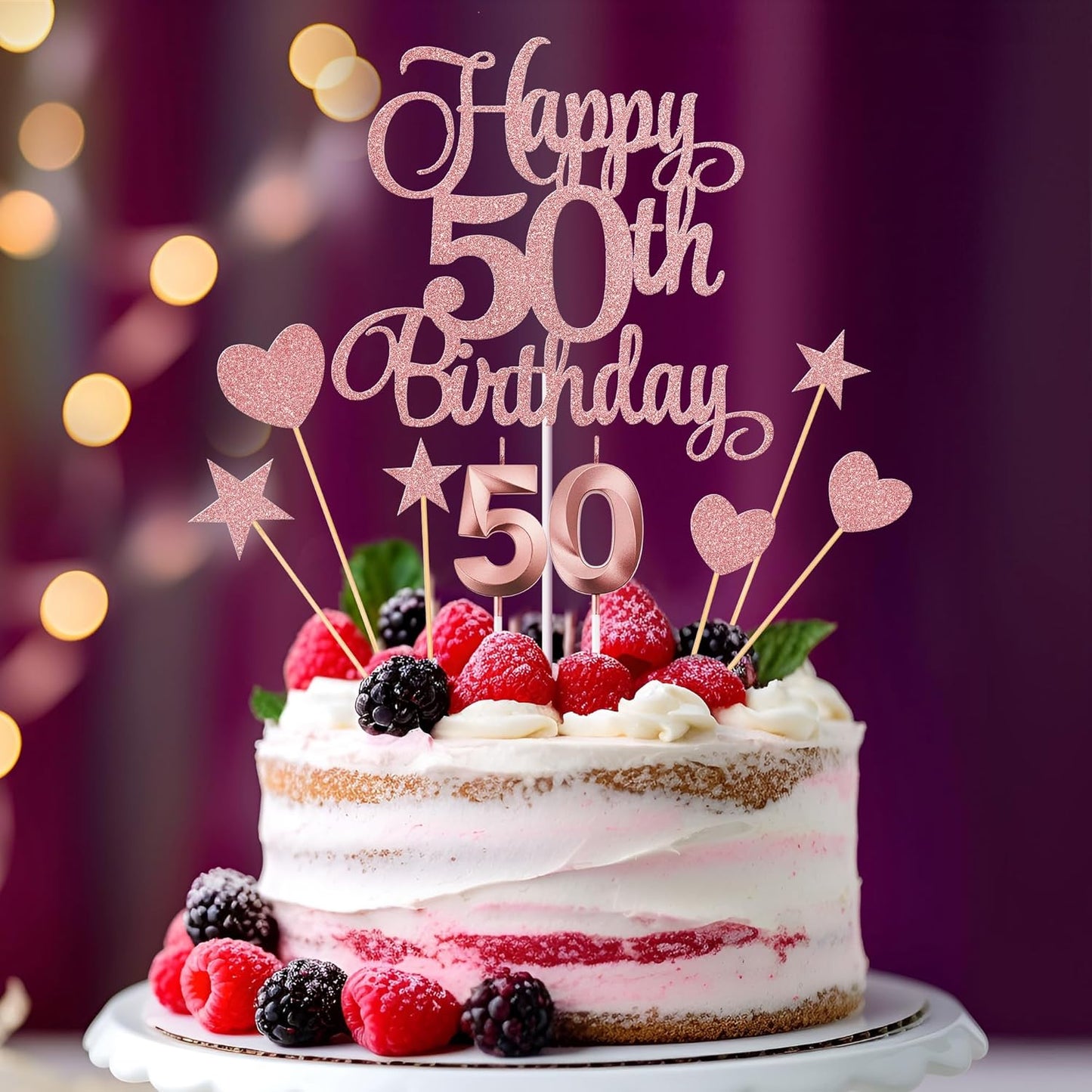 50th Birthday Cake Decorations, 50th Birthday Candles Cake Numeral Candles and Glitter Happy 50th Birthday Cake Toppers Set for Birthday Party Supplies (Rose Gold)