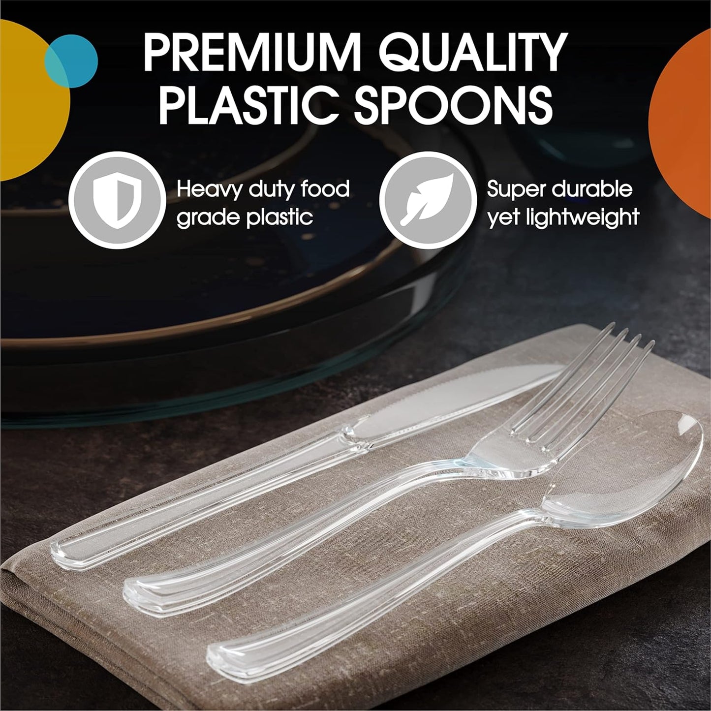 Party Solids Heavy Duty Plastic Spoons - 200 Pcs Clear Disposable Flatware