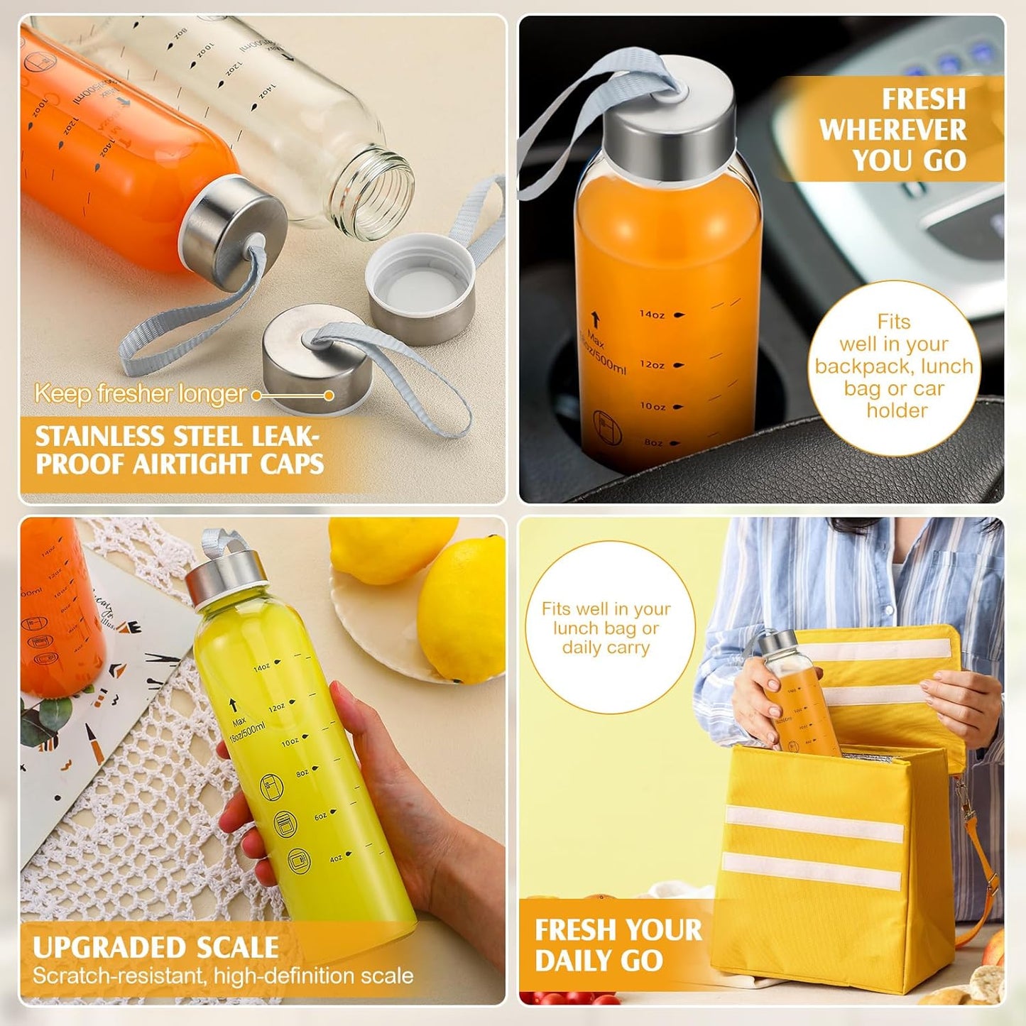 Vesici 6 Pack 18 oz Glass Water Bottles with Lids Clear Reusable Juicing Storage Container with Scale Mark and Stainless Steel Lids and Cleaning Brush for Milk Beverage Refrigerator Travel Leakproof