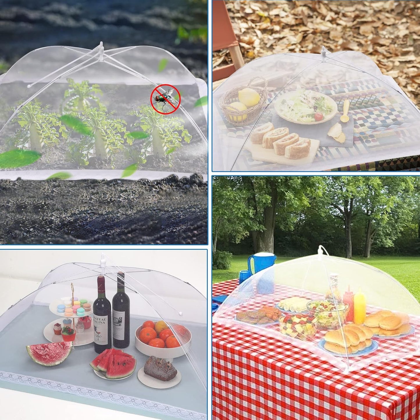 JULBEAR 4 Pcs Extra Large Mesh Food Cover Tent Umbrella Food Screen Covers for Outside Pop-up Mesh Reusable Food Nets for Parties Picnics Outdoor BBQs Collapsible (1 Pcs 40"x24", 3 Pcs 17"x17")