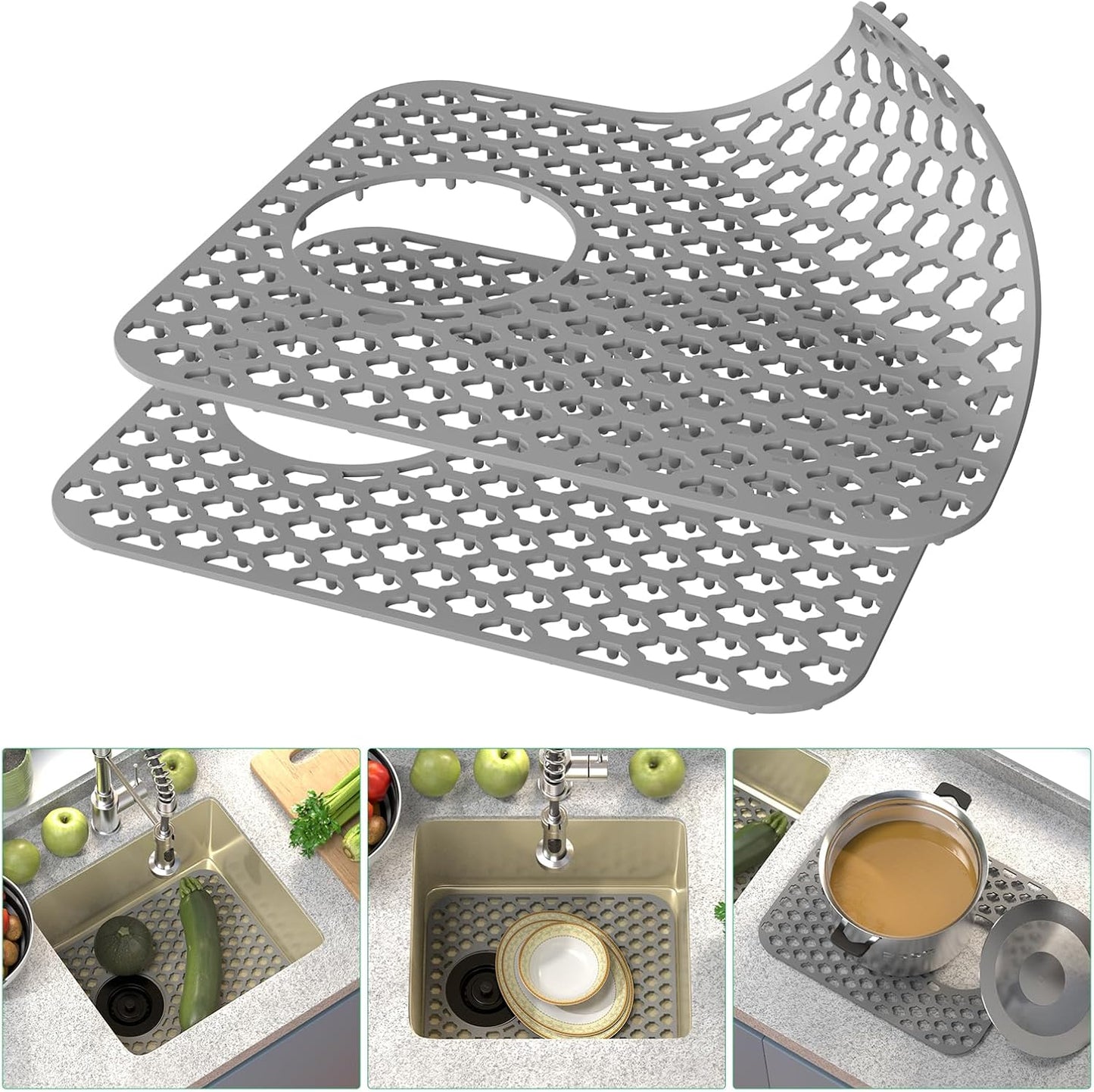 TOOVEM Kitchen Sink Mats, 2PCS Non-Slip Heat Resistant Silicone Sink Protector Mat, Folding Farmhouse Rear Drain Sink Mats, Side Drain, Grey