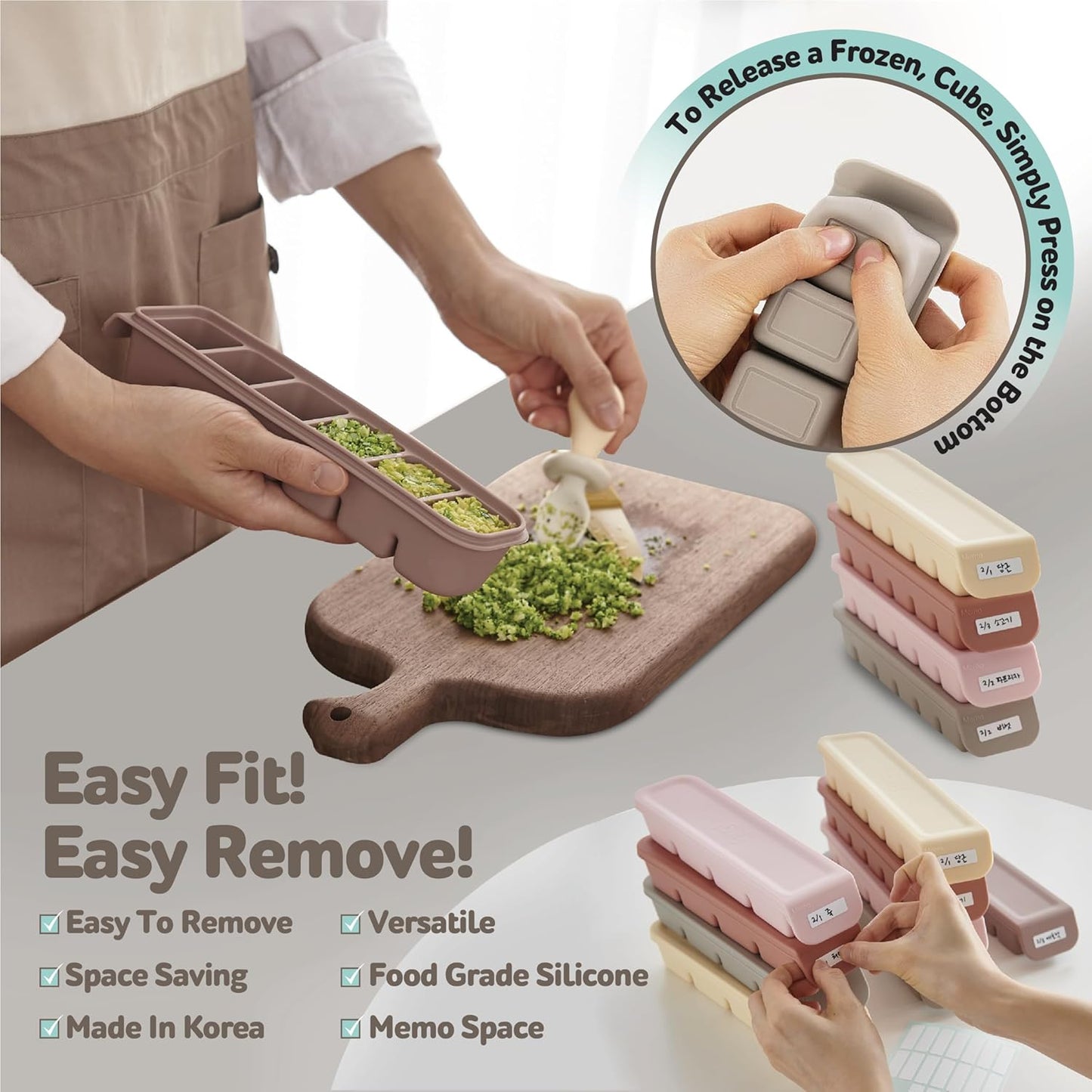 Silicone Freezer Trays with Lid,2ea 1oz 6 Section-Leak Proof Silicone Freezer molds for Homemade Baby Food Breastmilk, Purees, Vegetables, Fruit, Baby Food Jars Ice Tray with Lid BPA Free Beige