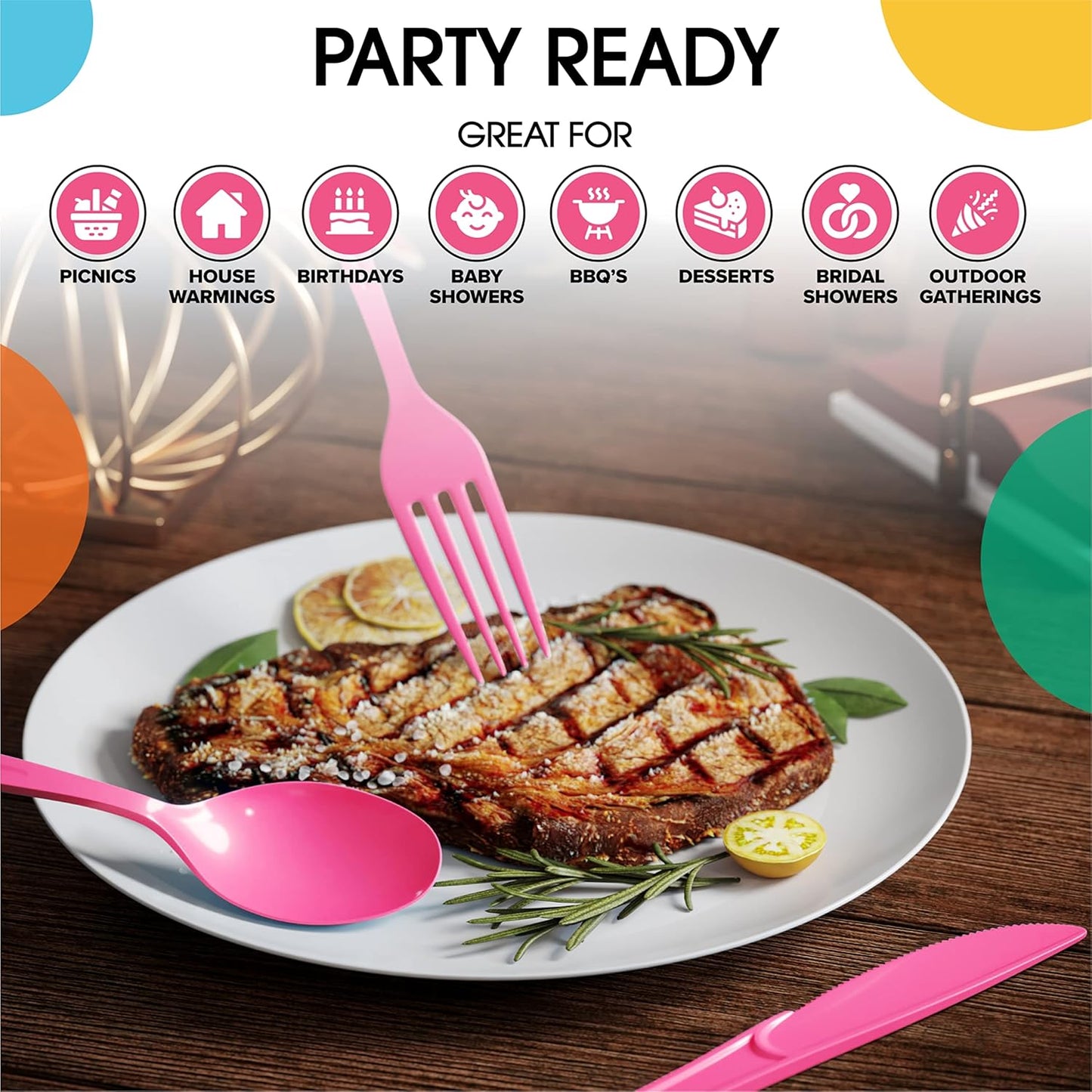 Party Solids Disposable Hot Pink Plastic Spoons 200 Pcs - Heavy Duty Hot Pink Plastic Disposable Cutlery
