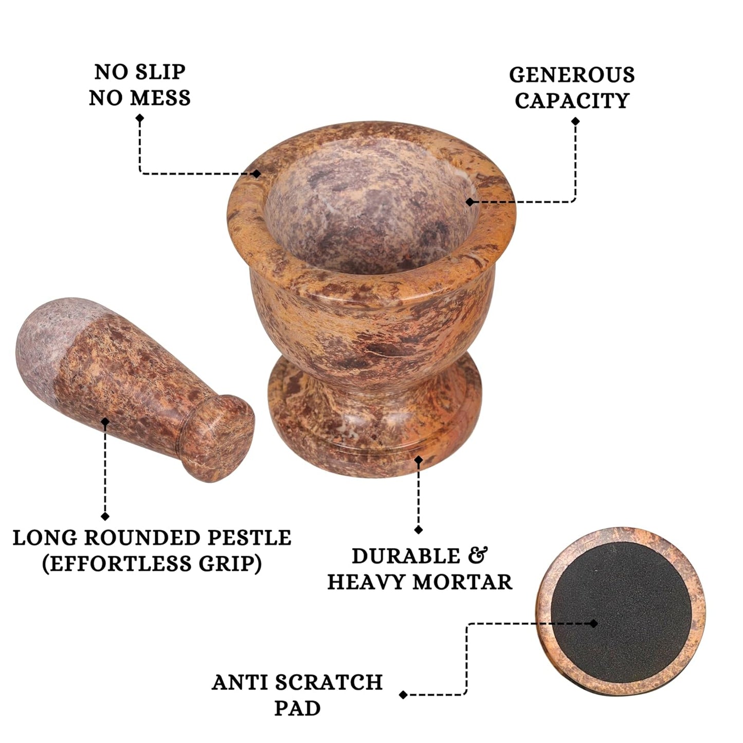 Mortar and Pestle, Made of Heavy Duty Polished Hard Stone, Natural Stone Grinder for Spices, Pastes, Herbs, Seasoning etc. (Rustic)