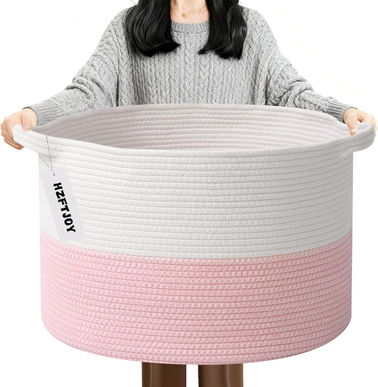 Large Blanket Basket for Organizing,115L Closet Organizers and Storage Bins Box for Shelves Woven Rope Storage Baskets,Living Room,Bedroom,Dorm,Laundry room (White&Pink)