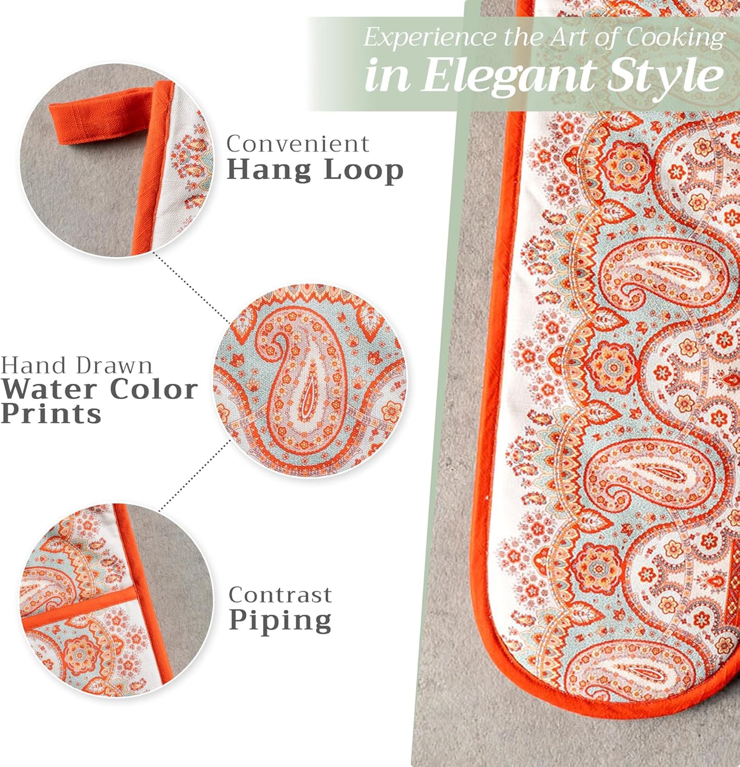 Maison d' Hermine Double Oven Mitts 100% Cotton 7"x35" Double Oven Mitt Heat Resistant BBQ Cooking Gloves with Loop, Baking, Grilling, Home, Kitchen, Handling Hot Pans (Cachemire)