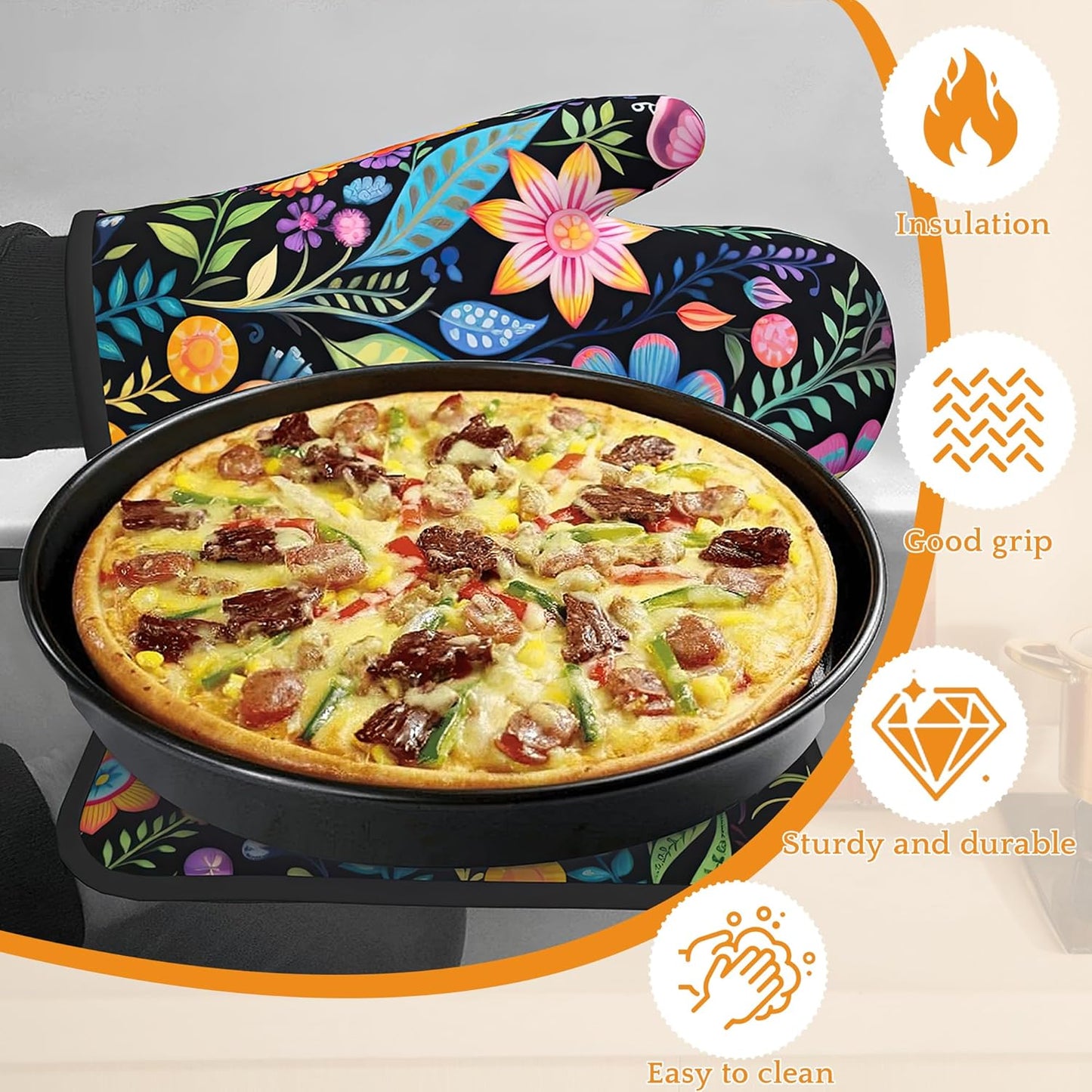 Vintage Hippie Flower Oven Mitts and Pot Holders,Heat Resistant Oven Mitts Gloves and Pot Holder for Home Kitchen Decorations Cooking Baking BBQ Gifts,Set of 4