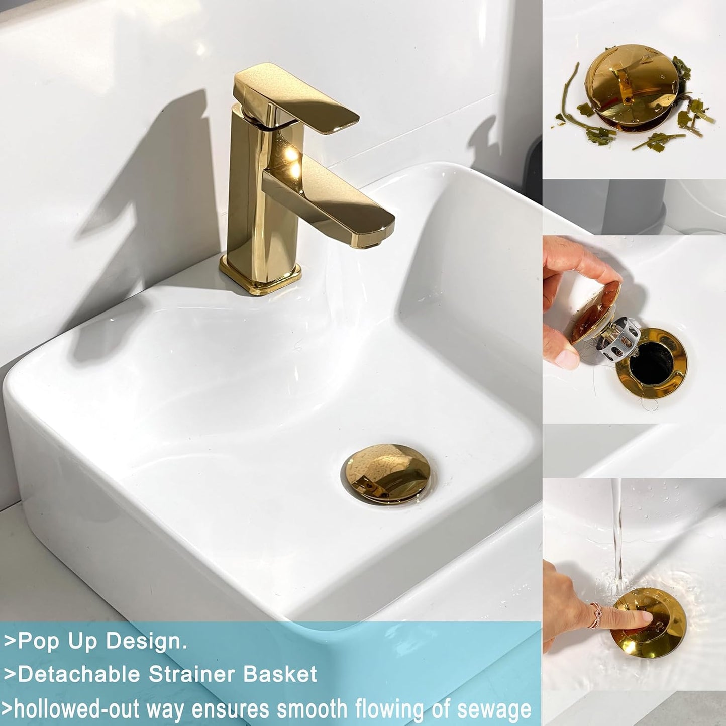 Bathroom Sink Drain, 5 Pack Gold Drain Stopper Bathroom Sink with Overflow, Pop Up Drain Assembly with Detachable Strainer Basket, Built-in Anti-Clogging Strainer,Stainless Steel
