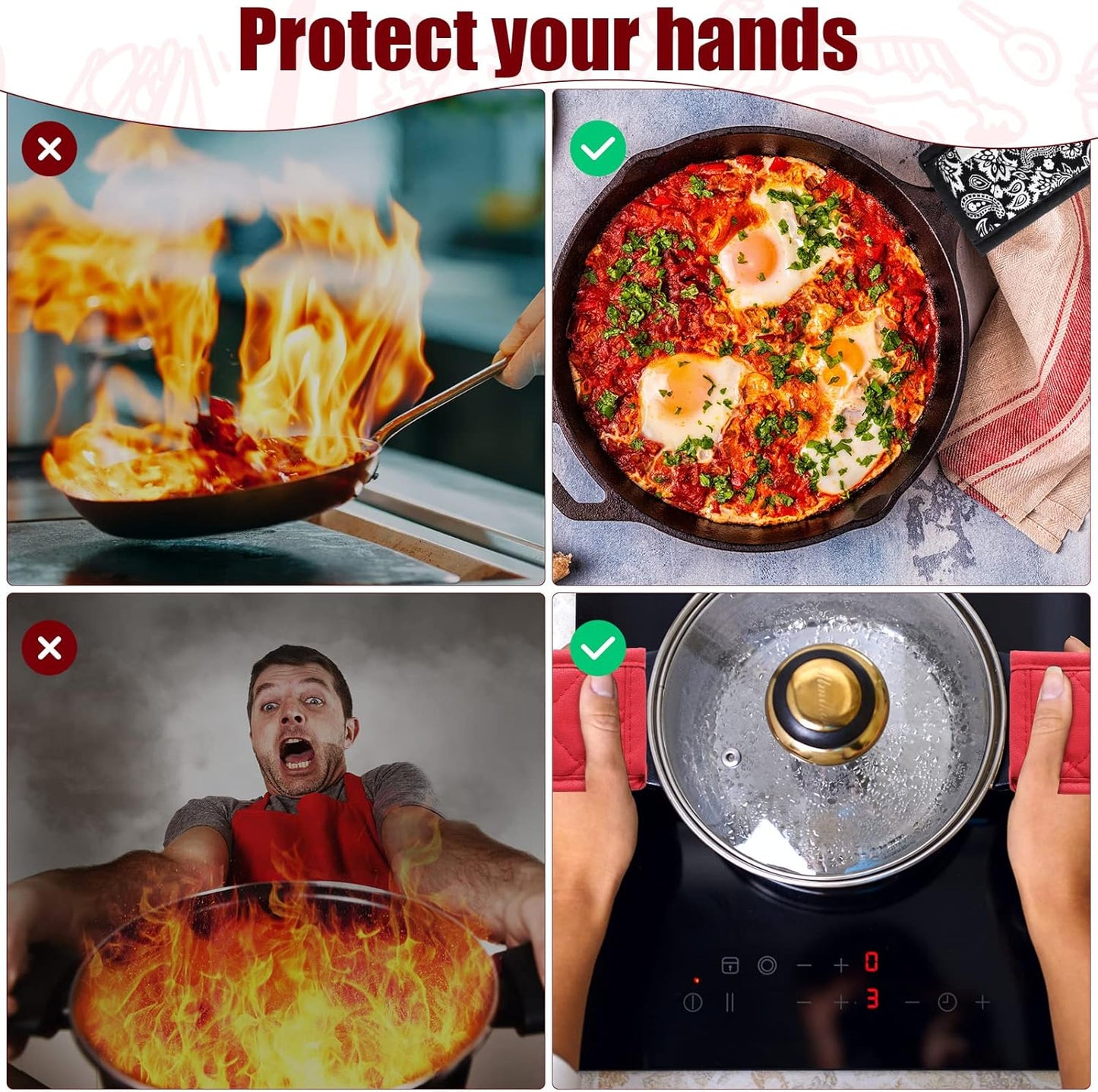 Geiserailie 8 Pieces Pan Handle Sleeve Heat Resistant Pot Sleeve Grip Non-Slip Skillet Pot Holder Machine Washable Cast Iron Handle Cover Cotton Assist Holder, 4 Styles, 3 x 6 Inch(Retro Style)