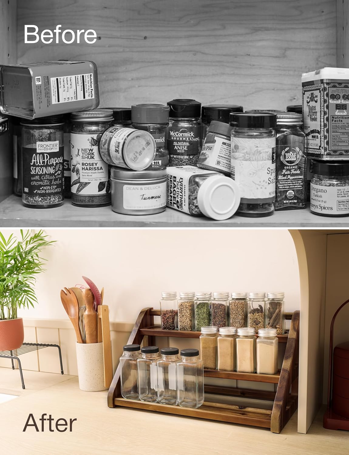 Tinamo Acacia Wood Spice Rack - Wooden 3-Tier Spice Rack Organizer for Countertop or Cabinet – Kitchen Spice Organizer and Seasoning Organizer Shelf (Walnut)