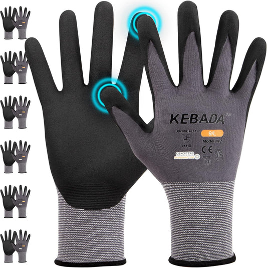 Kebada W2 Work Gloves for Men and Women, Nitrile Coated Working Gloves for Gardening, Construction, Warehouse, Safety Gloves for Work in Yard and Outdoors, 6 Pairs, Medium