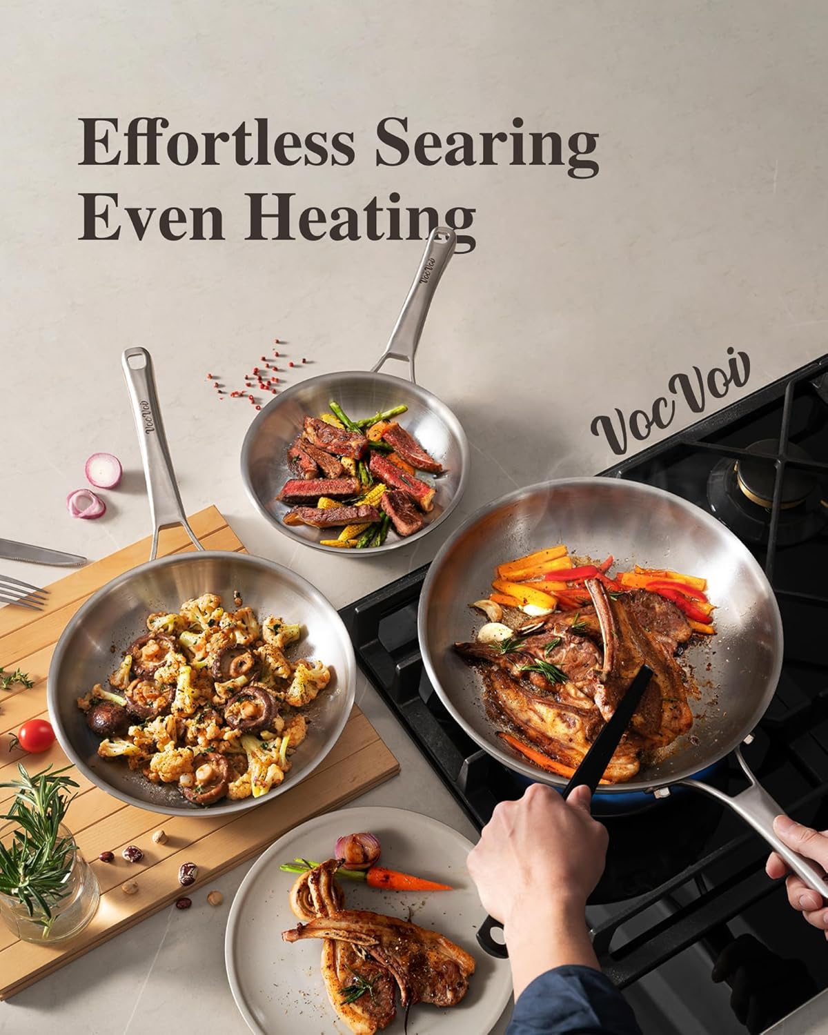 Tri-Ply Stainless Steel Frying Pans Set,PFOA&PTFE Free Skillets,Chef's Pan Set(8+10+12inch) Frying Pans for cooking,Induction Cookware Sets,Dishwasher and Oven Safe Kitchen set