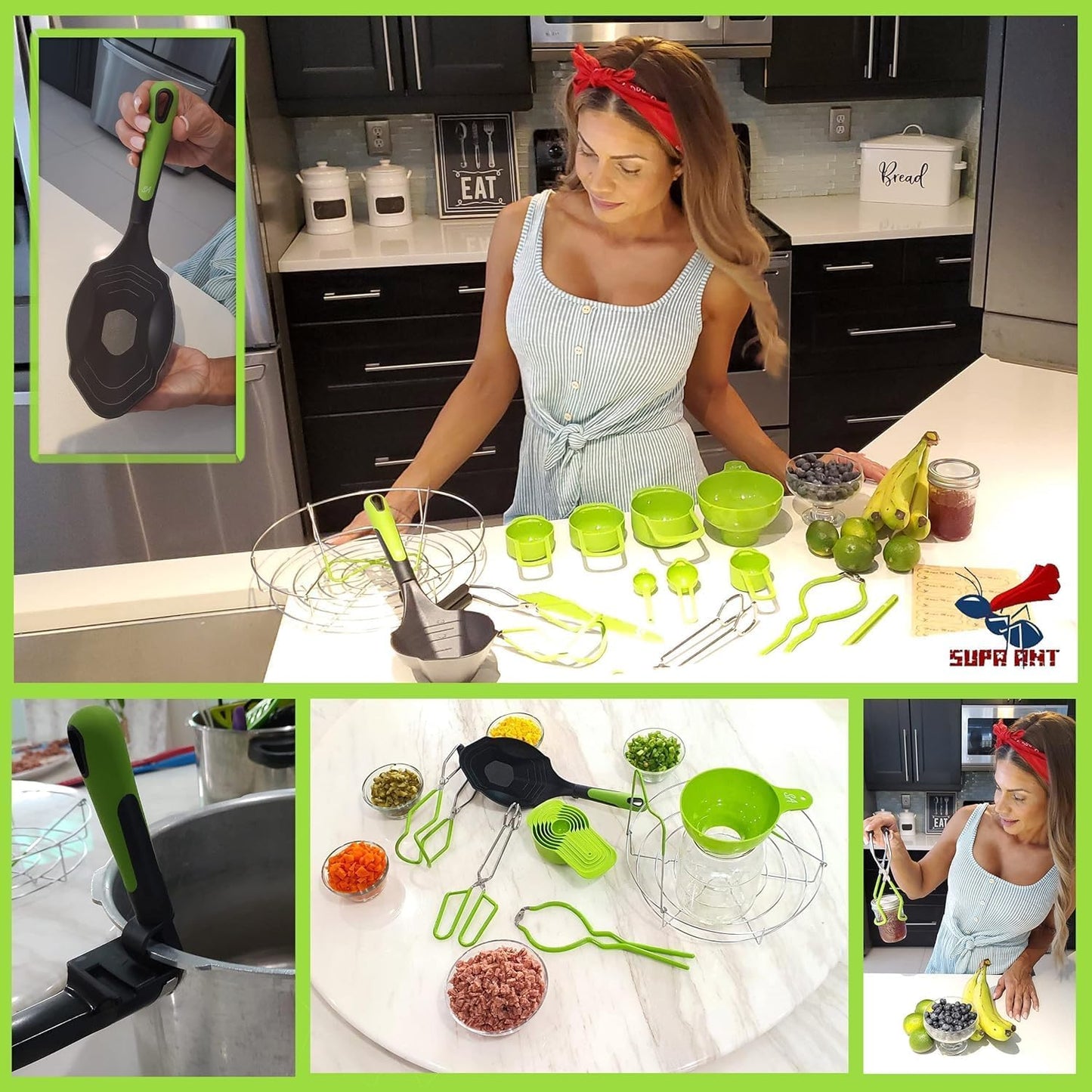 Supa Ant Canning Supplies Starter Kit- 10 pc Canner Accessories with Canning Rack for Jars, XL Ladle, Wide Mouth Jar Funnel, Jar Lifter and Wrench, Bubble Popper/Measurer, Lid Lifter, Kitchen Tongs