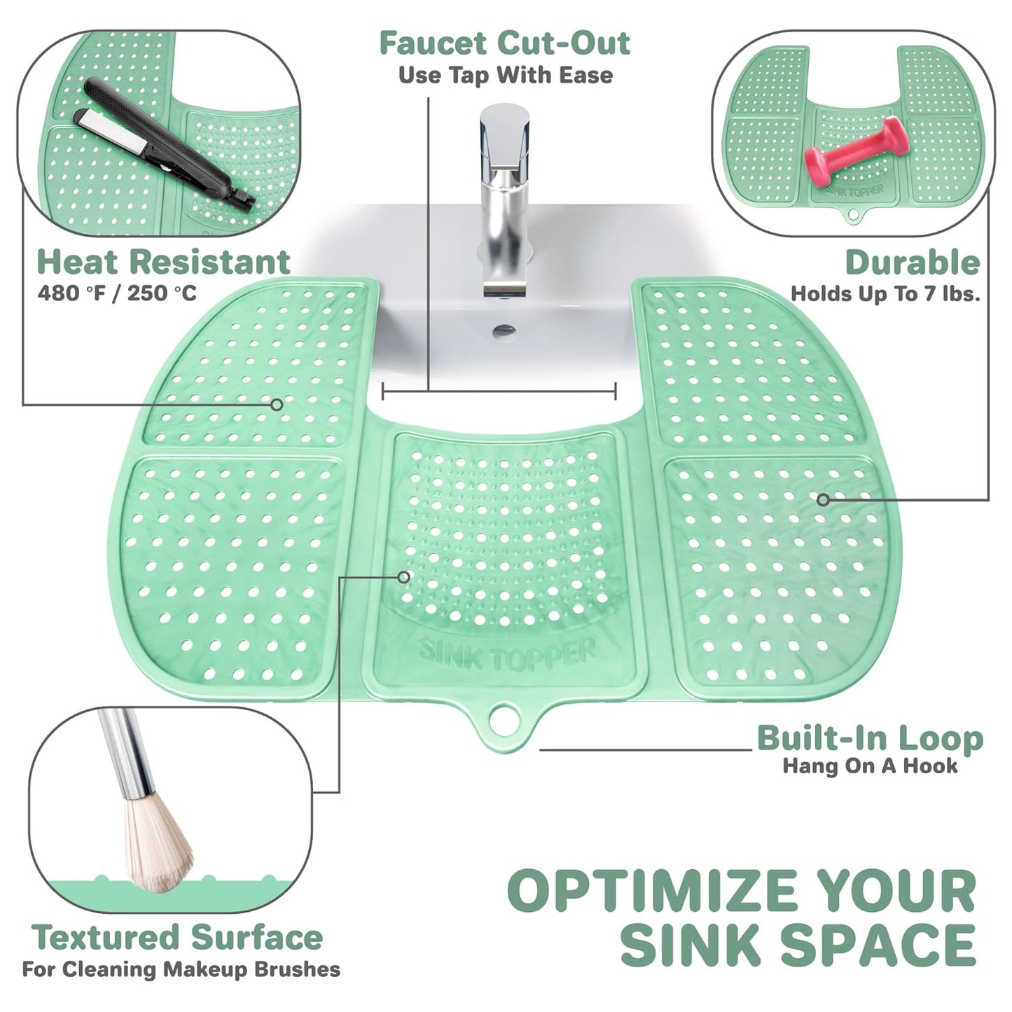 Sink Topper Bathroom Counter Cover & Storage Saver, Foldable Silicone Mat for Hot Tools, Hair Styling & Makeup, Beauty Brush Cleaning Mat, RV Camper Sink Cover & for Small Spaces (Large Green)