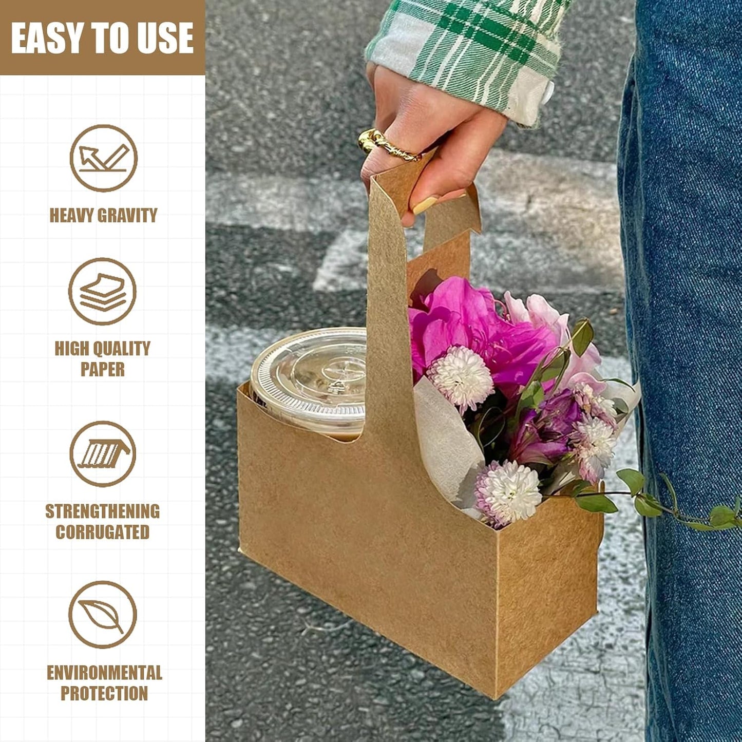 2 Cup Disposable Drink Carrier for Delivery with Handle,30 Count Kraft Paperboard Cup Holder,Cup Carriers for Hot or Cold Drinks,Coffee Carrier, Food Delivery,Take Out Cup Carriers (Brown, 30 PCs)