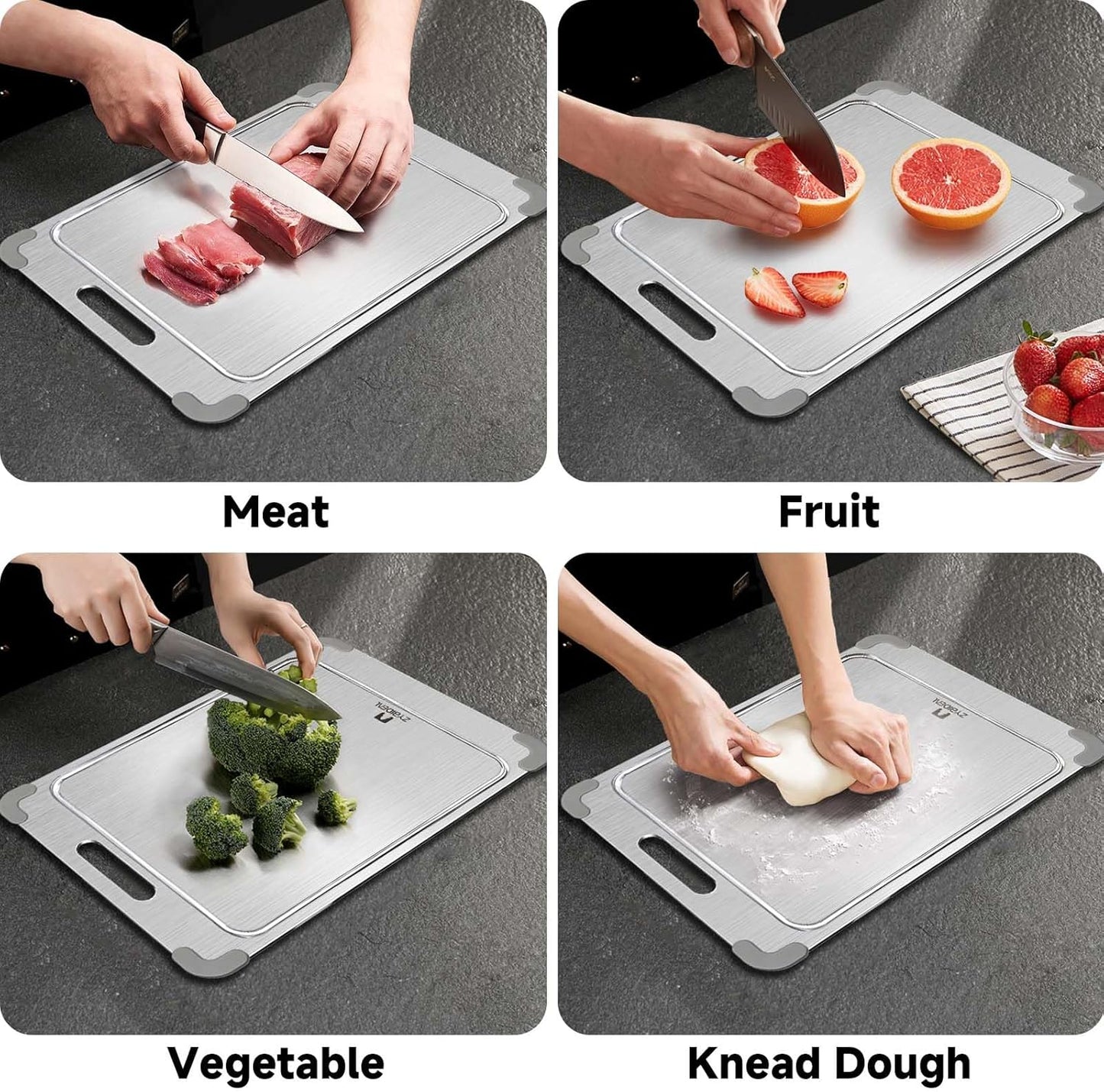 100% Pure Titanium Cutting Board with Grooves, Update Double Side Titanium Chopping Board, Silicone Anti-slip Stainless Cutting Boards for Kitchen 8 * 12, Grey