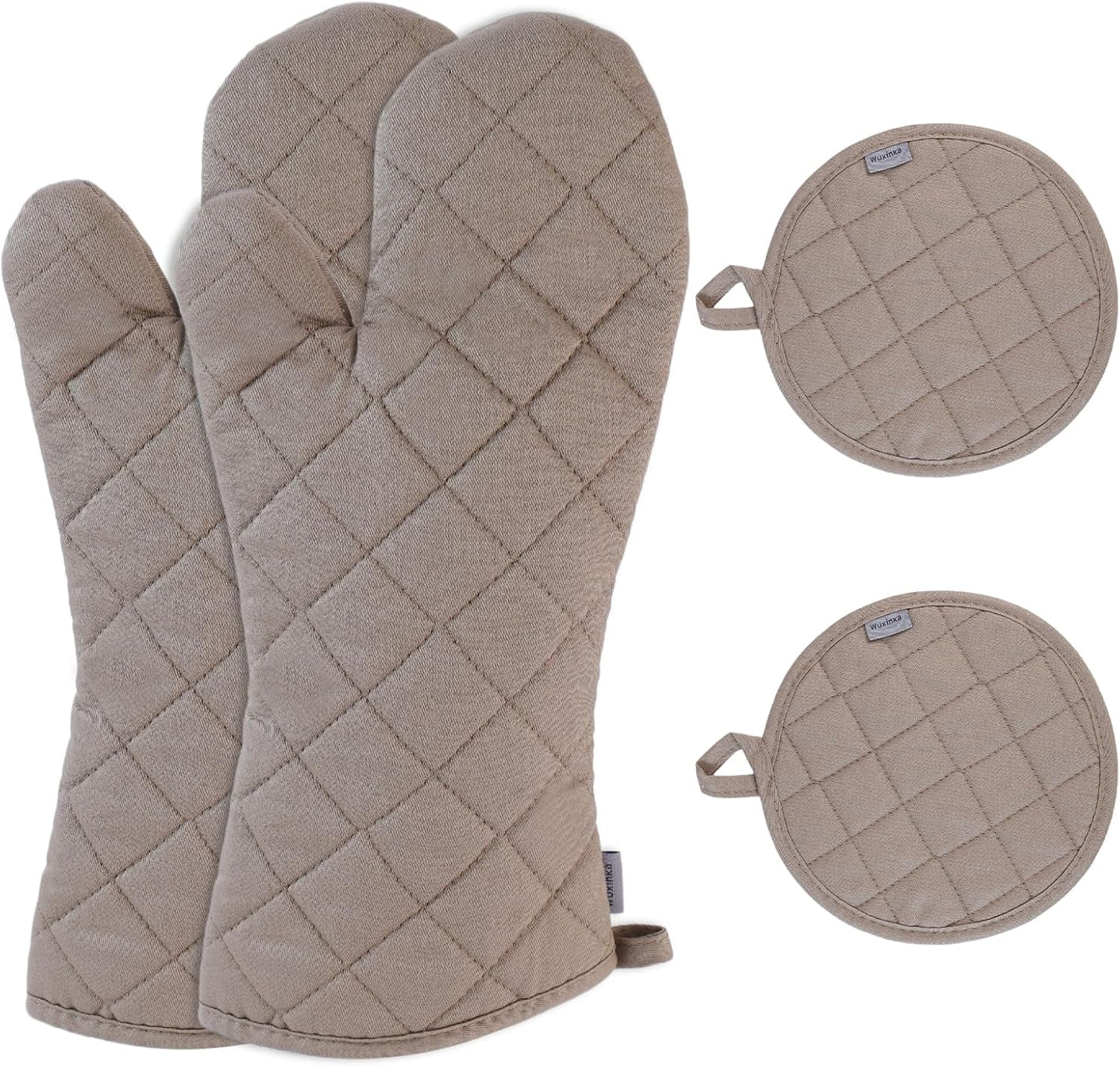 Set of 4 Oven Mitts and Pot Holder Heavy and Tall Kitchen Cotton Gloves Lined Towelcloth, Gloves Length 40cm, Pot Holder Width 20cm Diameter Round… (Light Brown)