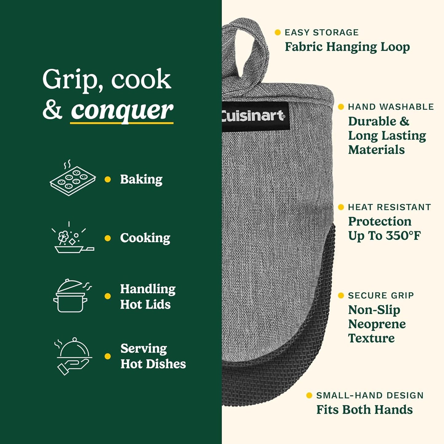 Cuisinart Mini Oven Mitts – 5.5” x 7” Heat-Resistant Kitchen Mitts for Oven with Non-Slip Neoprene Palm, Cotton Filling, and Fabric Loop – Durable Oven Mitt Set for Cooking & Baking (Black)