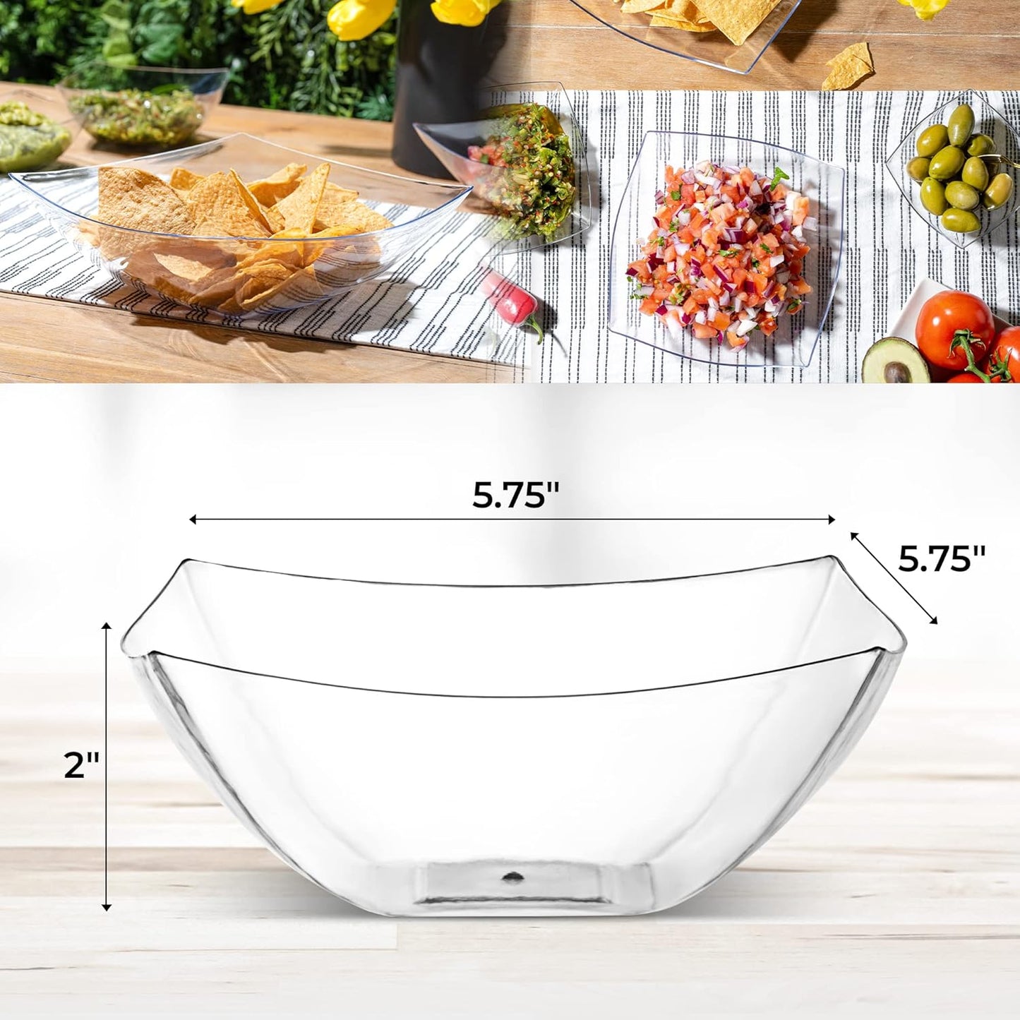 Posh Setting Clear Plastic Serving Bowls Disposable - Square Bowls - Square Candy Bowl - Plastic Snacks & Chip Bowls for Parties - Black, Gold & Clear, White Serving Dishes, 16 OZ, 4 Pack