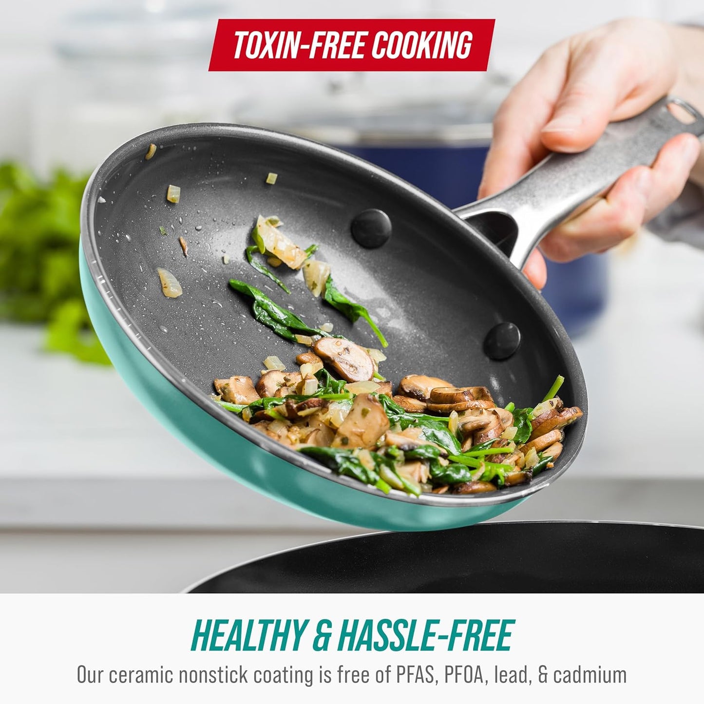 Blue Diamond 8" Nonstick Frying Pan Skillet, Diamond Infused PFAS & PTFE-Free Ceramic Pot, Dishwasher & Oven Safe, Stay Cool Handle, Durable Non Toxic Metal Utensil Safe, Egg & Omelet Pan, Turquoise