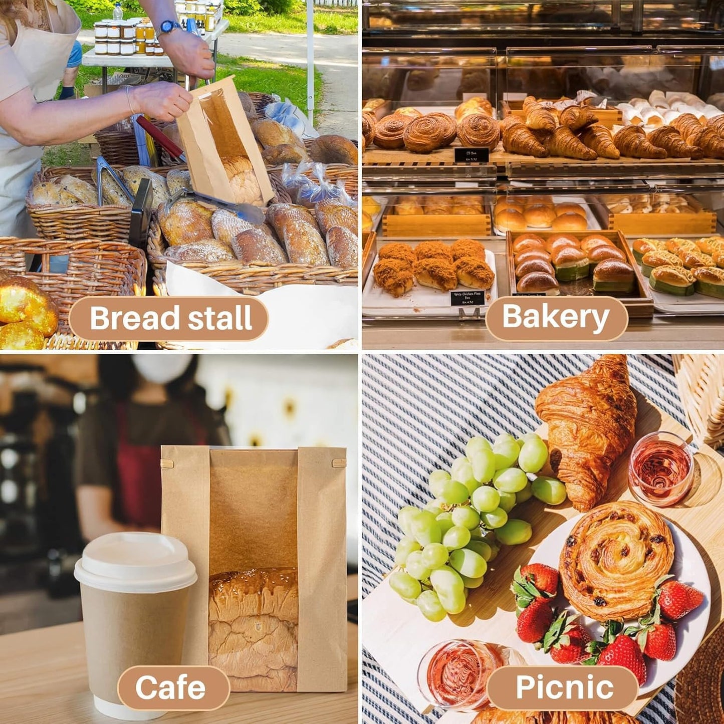 33PCS Bread Bags with Reusable Ties - Homemade Sourdough Bread Storage Brown Paper Bagel Loaf Bakery Bags with Window Toast Bags with Resealable Tie Disposable Baked Goods Sale Packaging