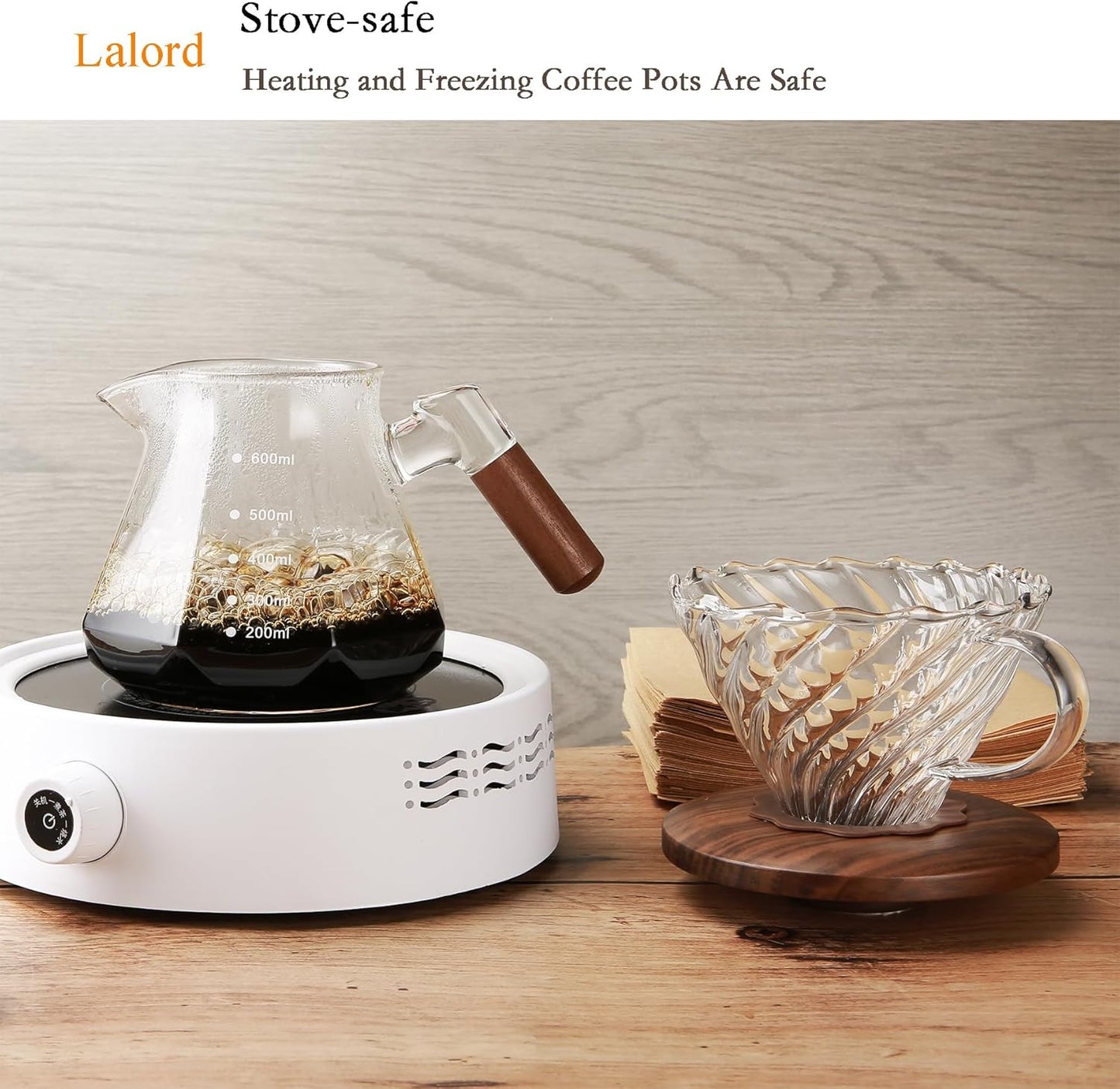 Pour Over Coffee Maker, 20 oz Borosilicate Glass Set with 100 pcs V60 Paper Filter, Coffee Dripper with Walnut Collar, Coffee Pot with Glass Lid, 1-3 Cups, Clear, (600 ml)