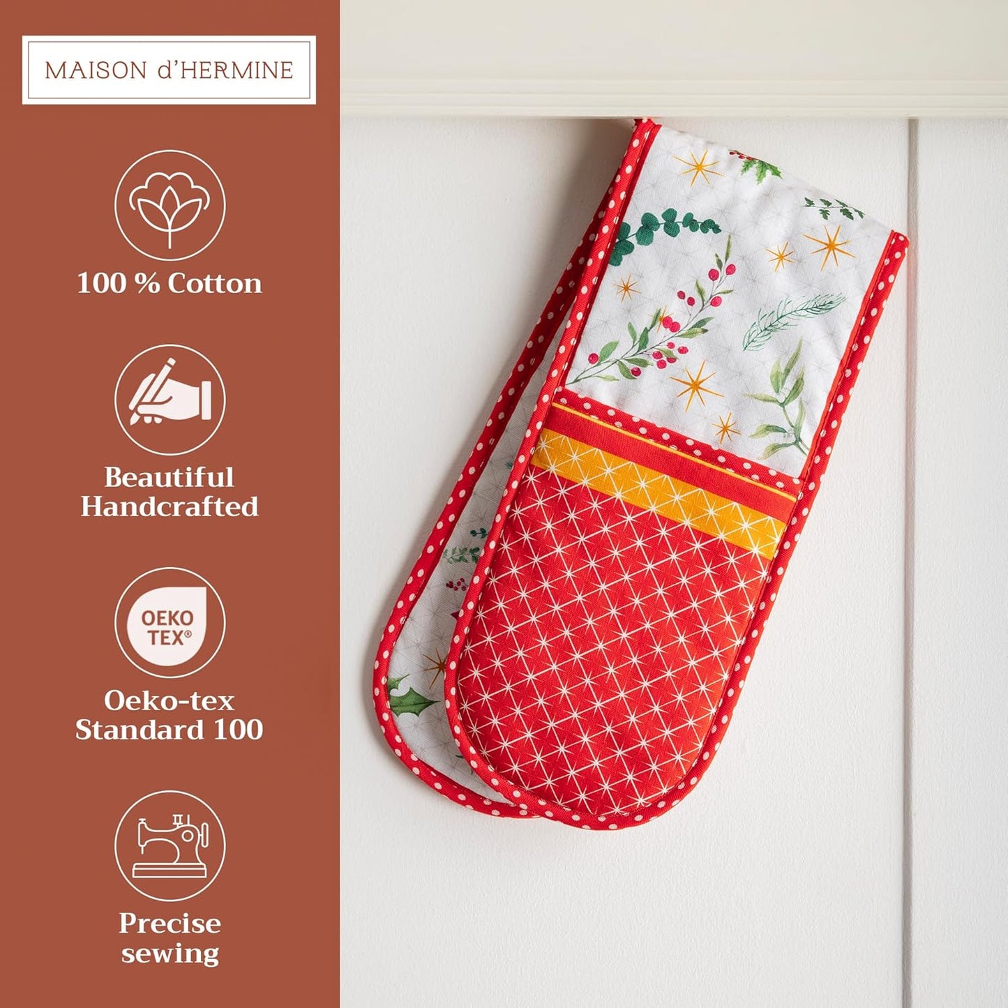Maison d' Hermine Double Oven Mitts 100% Cotton 7"x35" Double Oven Mitt Heat Resistant BBQ Cooking Gloves with Loop, Baking, Grilling, Home, Kitchen, Handling Hot Pans (Poinsettia Christmas)