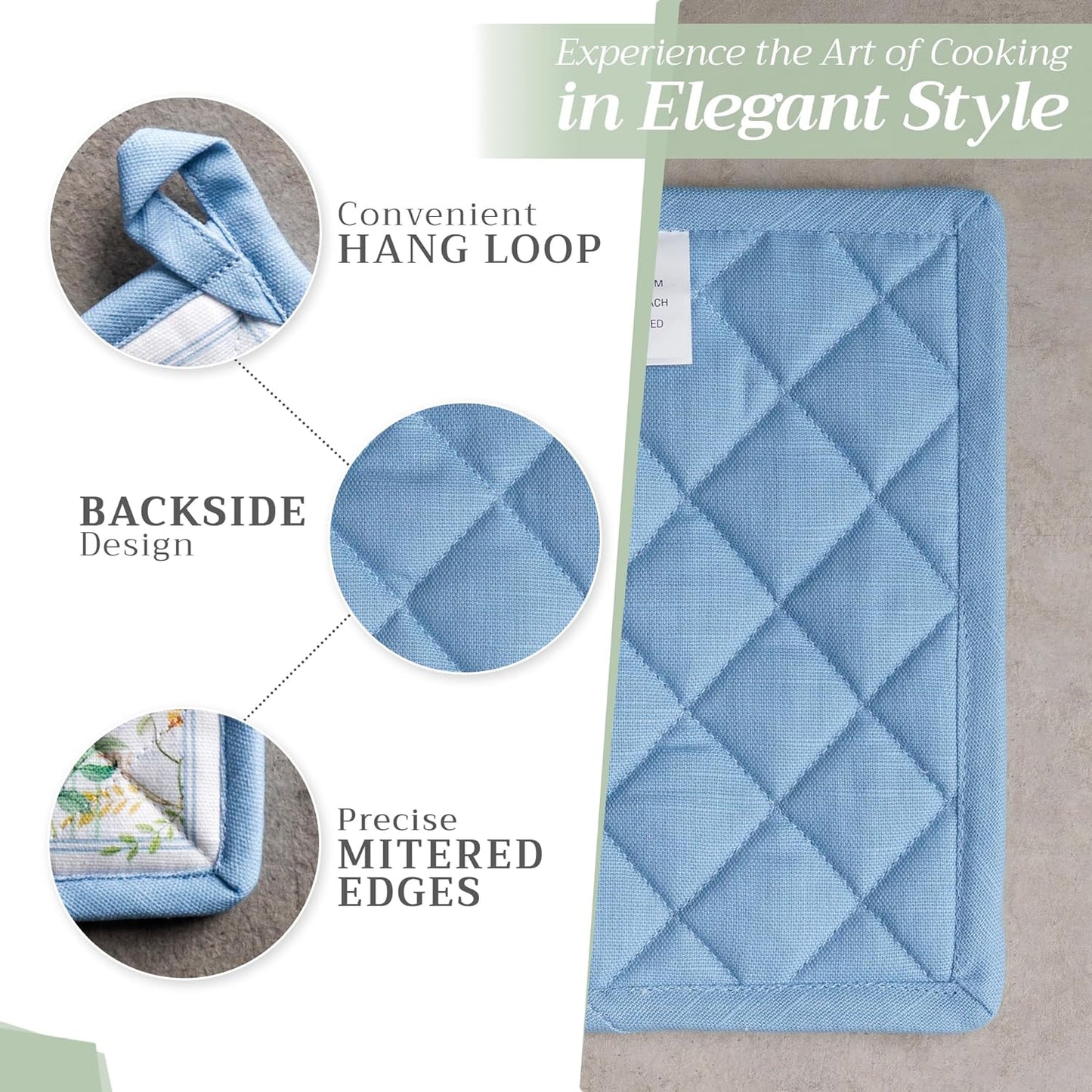 Maison d' Hermine 100% Cotton Oven Mitt & Pot Holder Set (7.5"x13" & 8"x8") Heat Resistant BBQ Cooking Gloves with Loop, Baking, Grilling, Kitchen, Handling Hot Pans Spring/Summer (Fleurs De Mai)