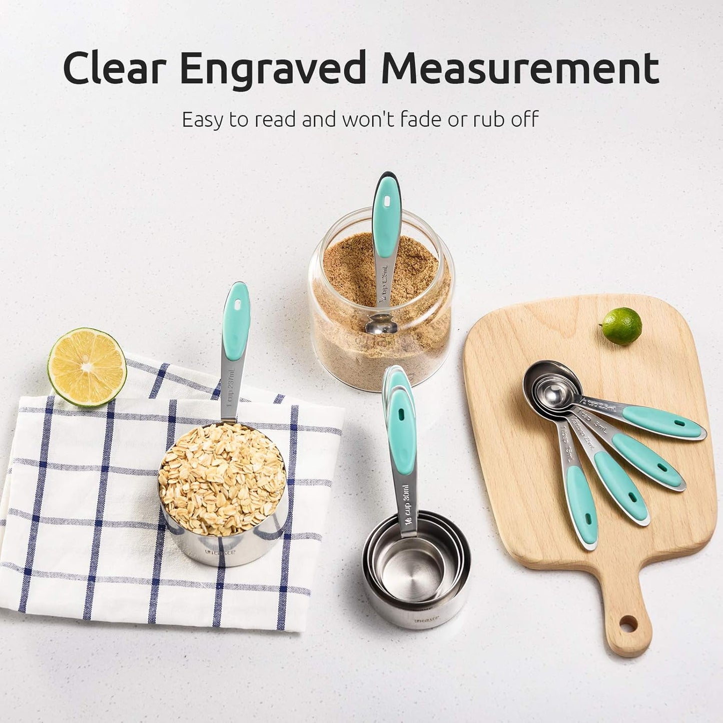 Measuring Cups : U-Taste 18/8 Stainless Steel Measuring Cups and Spoons Set of 10 Piece, Upgraded Thickness Handle(Aqua Sky)