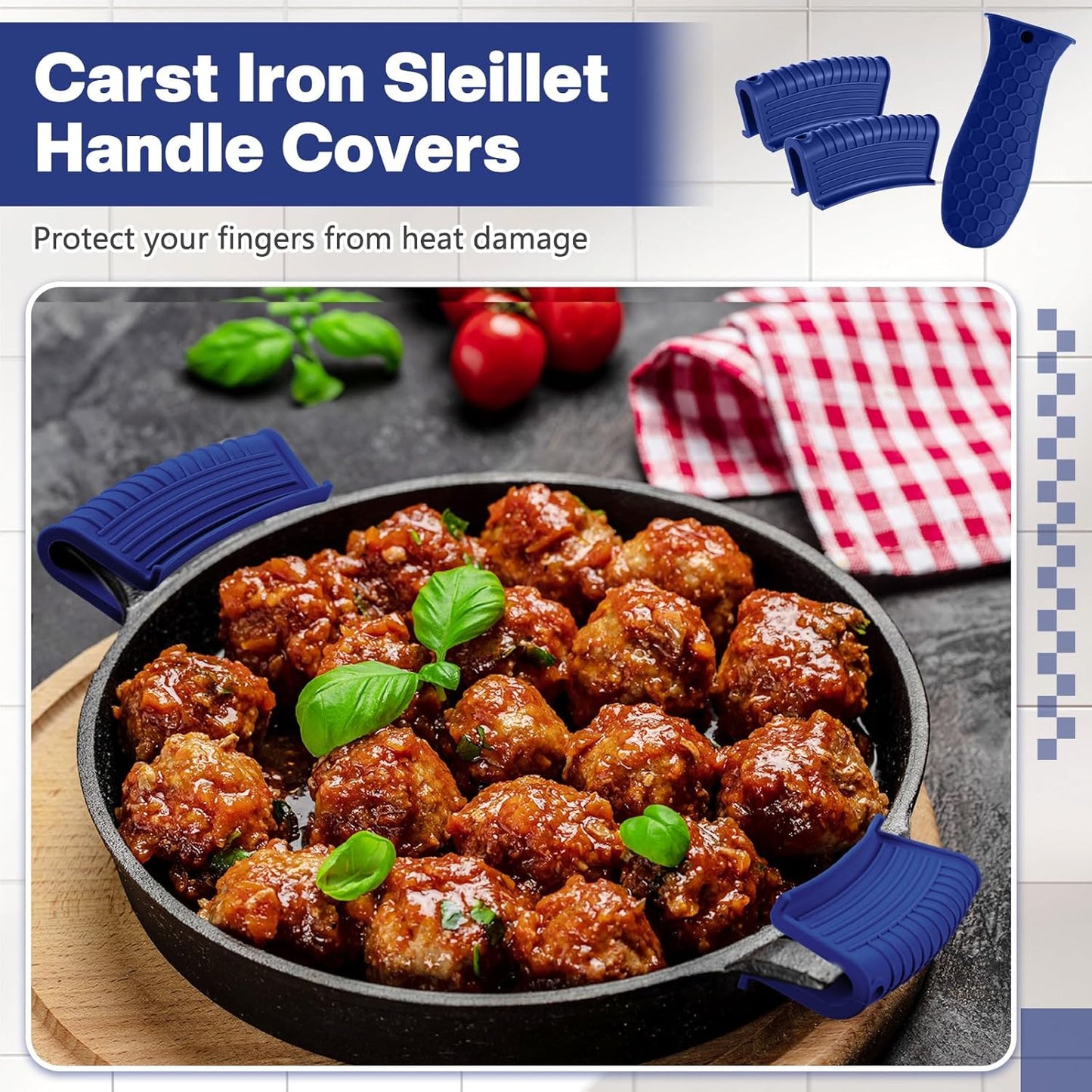 Patelai 8 Pcs Silicone Pot Holders Set Cast Iron Handle Cover Heat Resistant Pot Handle Covers Potholder Non Slip Reusable Pan Sleeve for Frying Pan Kitchen Supplies (Navy Blue)