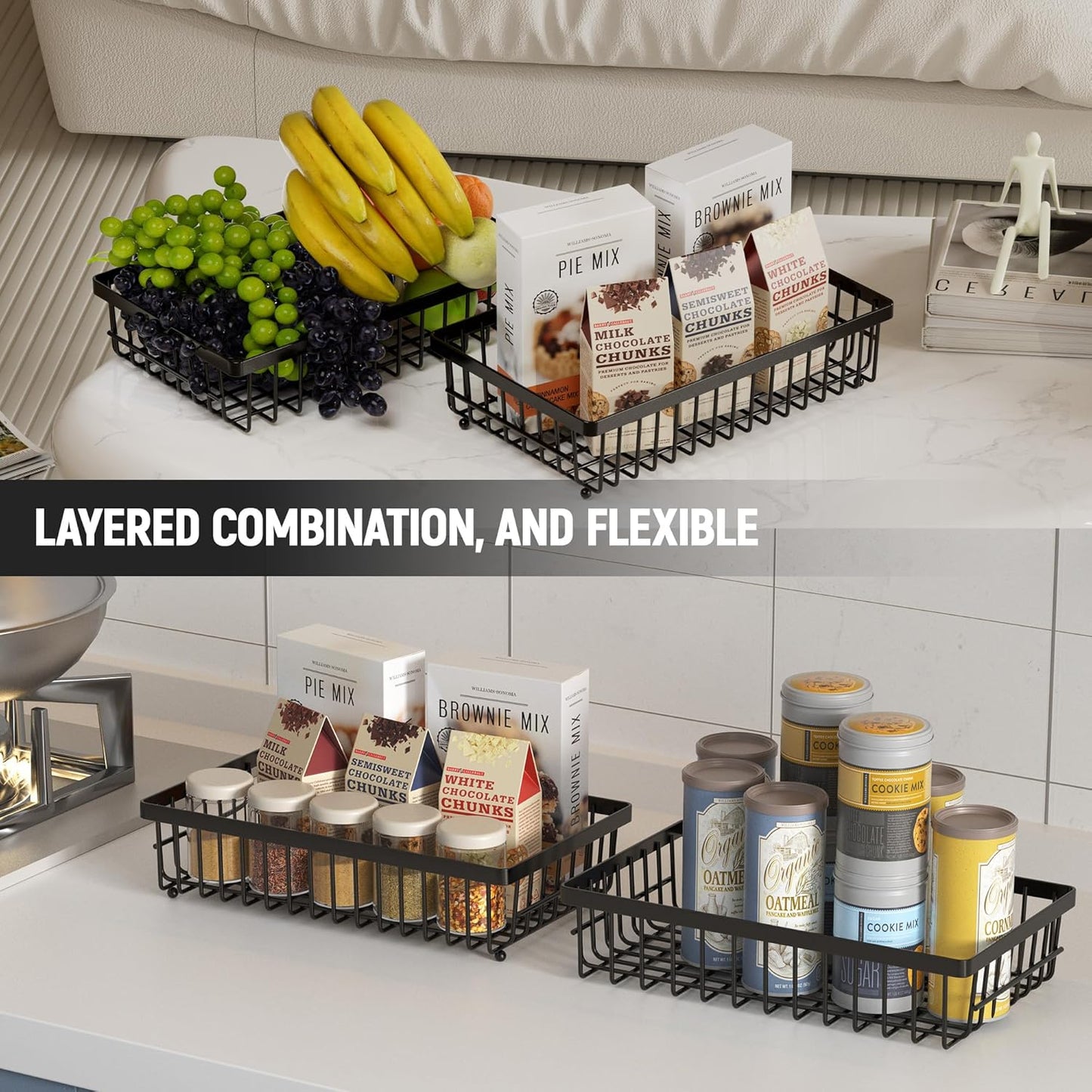 Fruit Basket,2-Tier Fruit Bowl with Banana Hanger,Kitchen Storage Countertop Rack,Fruit Metal Bowls Perfect for Holding Fruit,Vegetables,Snacks(Black)