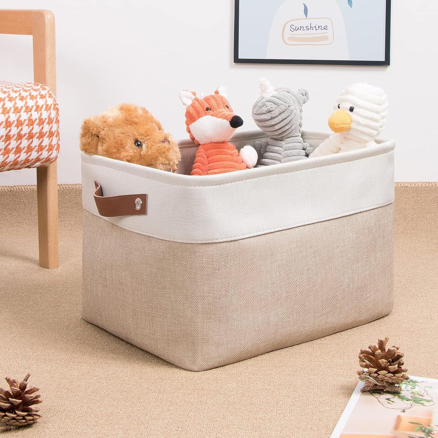 DULLEMELO Fabric Storage Bins, Storage Baskets for Organizing, Collapsible Rectangular Fabric Baskets for Shelves, Empty Gift Baskets (3-Pack Medium-15 inch X 11 inch X 9.5 inch , White&Khaki)