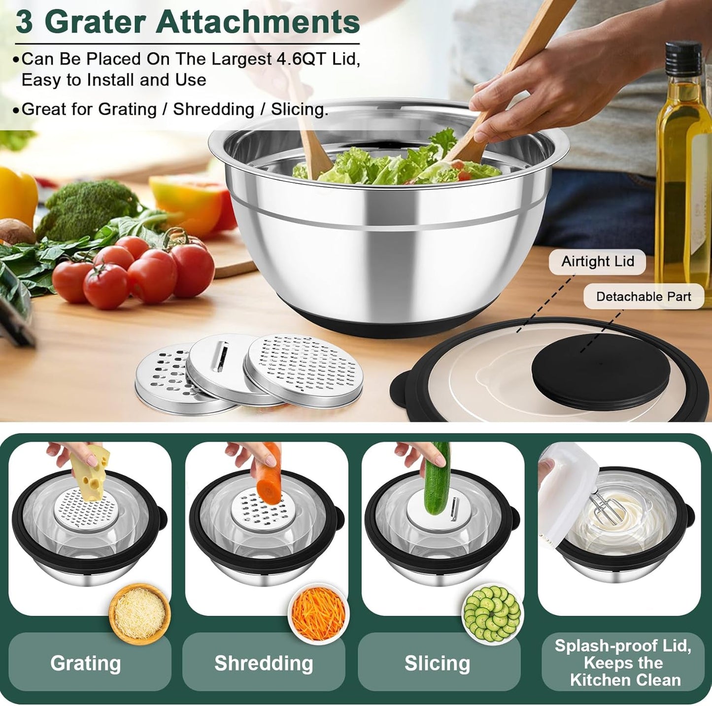 TeamFar Mixing Bowls with Colander Set, Stainless Steel Strainer and Nesting Salad Bowls, with Lids & 3 Graters, Non-Slip Bottom & Visible Lid, Rotatable & Dishwasher Safe, 4.6/3/1.5 QT, Black