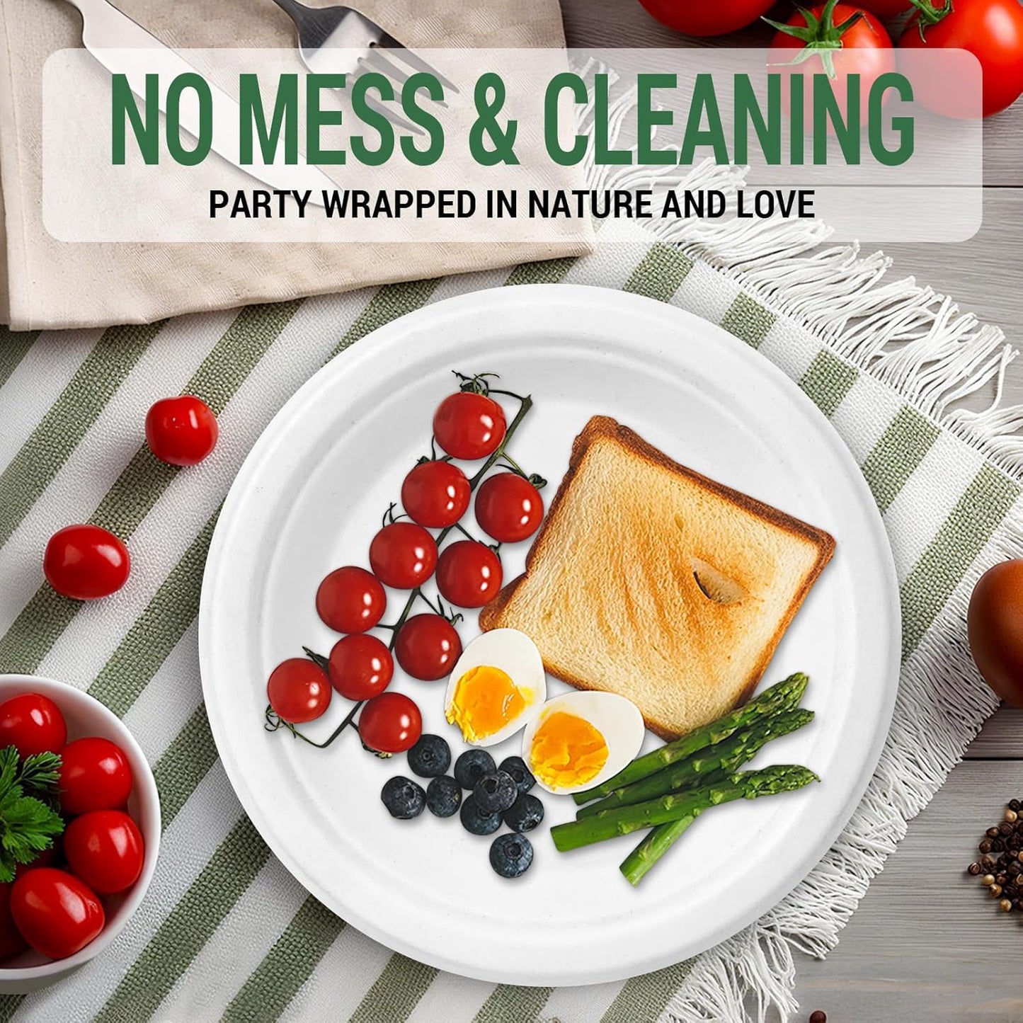 50 Compostable Paper Plates, Includes 25-9" & 25-7" Heavy Duty Disposable Plates, Biodegradable Sugarcane Bagasse, White
