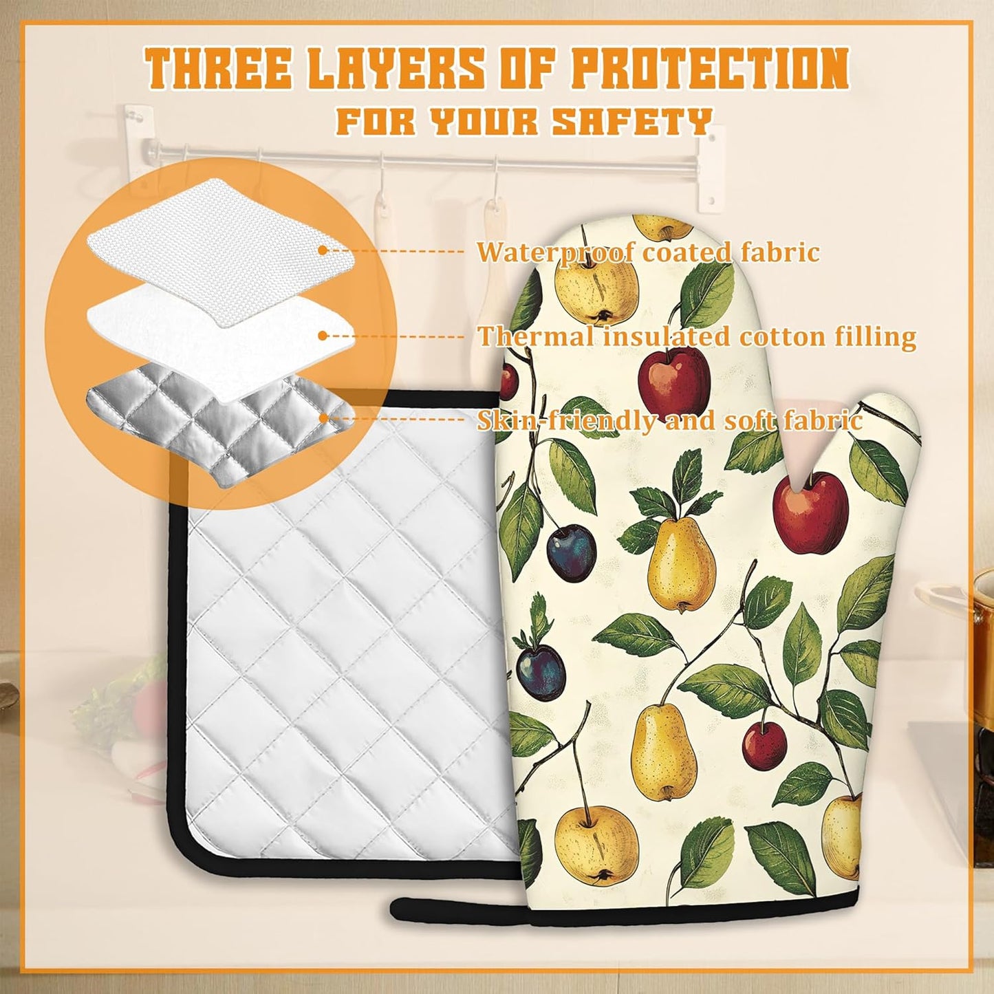 Retro Fruit Oven Mitts and Pot Holders Set,Cherry Kitchen Oven Gloves and Pot Holder with Heat Resistant Non Slip for Cooking Baking Grilling(4 Piece Set)