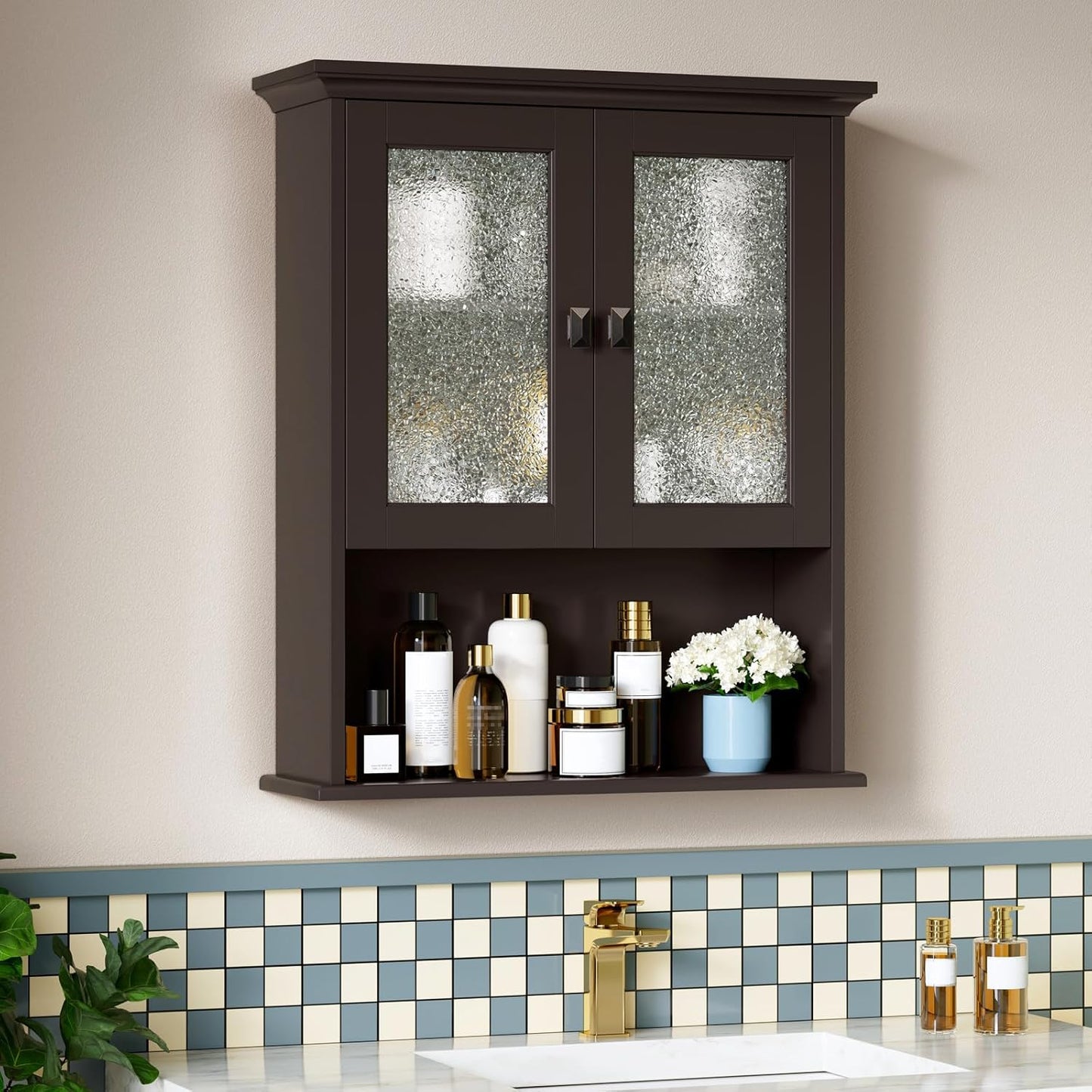 Bathroom Cabinet Wall Mount, Medicine Cabinet Over Toilet Storage Cabinet with Glass Door Build-in Spirit Level Cupboard Hanging Storage for Bathroom Laundry Kitchen Living Room (Espresso)