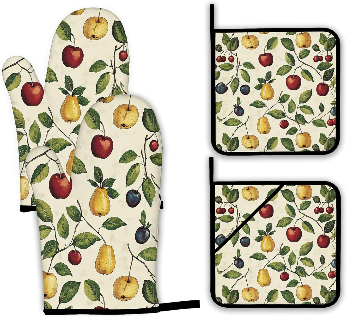 Retro Fruit Oven Mitts and Pot Holders Set,Cherry Kitchen Oven Gloves and Pot Holder with Heat Resistant Non Slip for Cooking Baking Grilling(4 Piece Set)