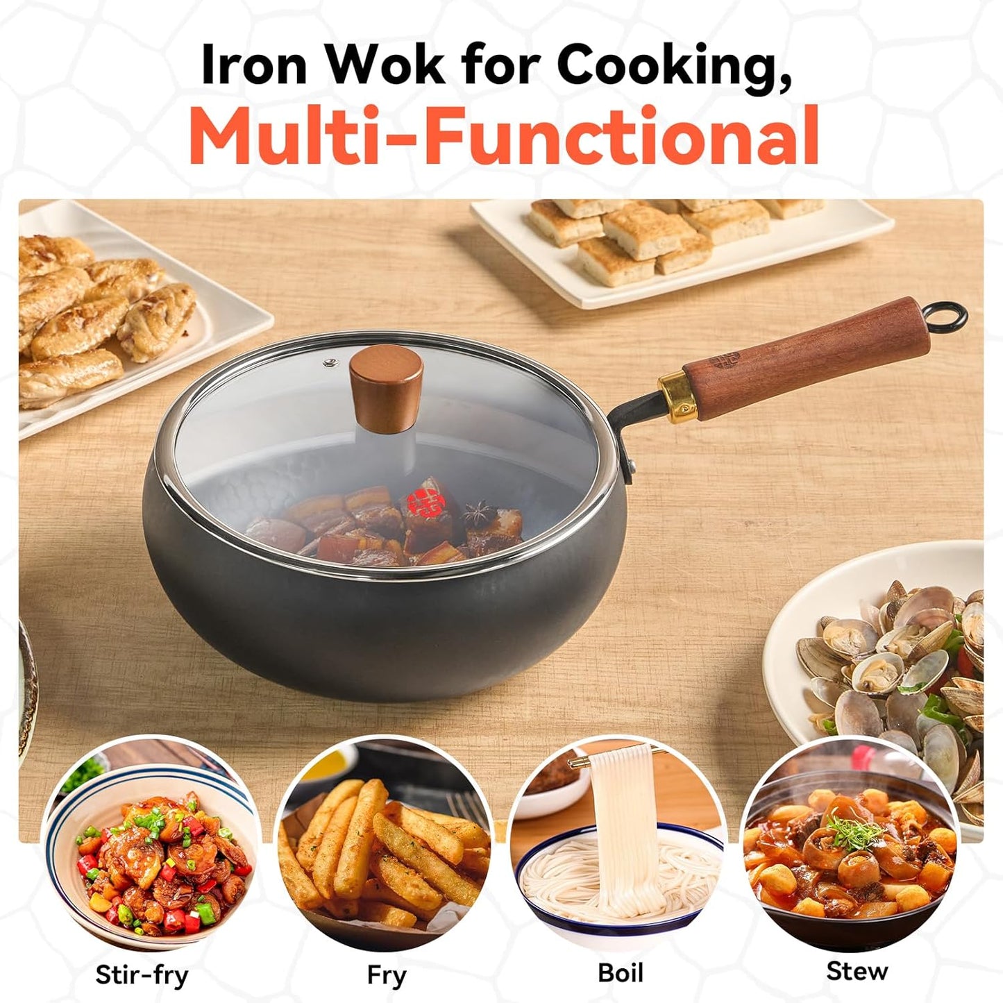 WANGYUANJI 9.5-Inch Wok Pan with Lid – Handmade Round Cooking Wok, Deep Frying Pan with Detachable Wooden Handle, No Chemical Coated Wok Flat Bottom for Induction & Gas Stoves