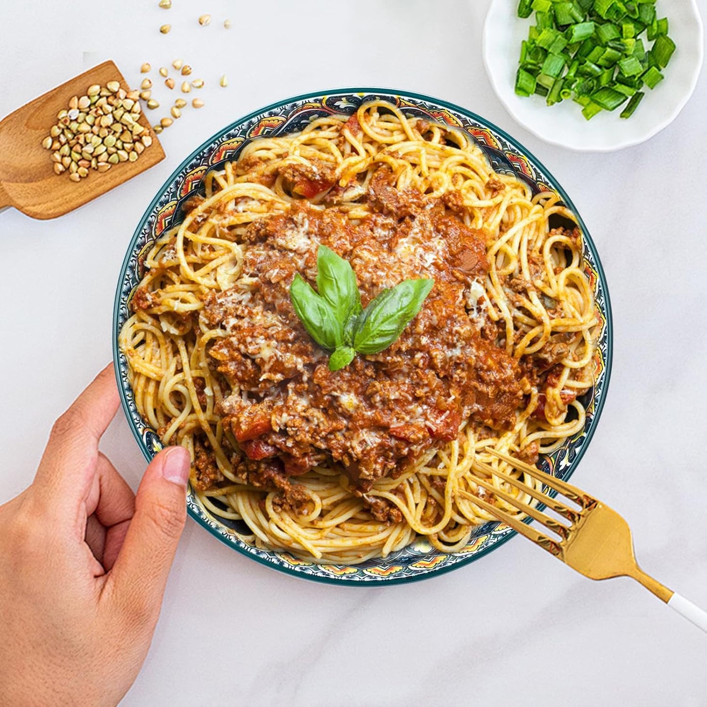 Large Serving Bowls, 75 Oz Fruit Salad Bowls Set of 2, Bohemian Style Large Porcelain Dishes for Entertaining Parties,Big Bowls for Salad, Pasta, Fruit, Chips, 10.3 Inch Diameter (green.red)