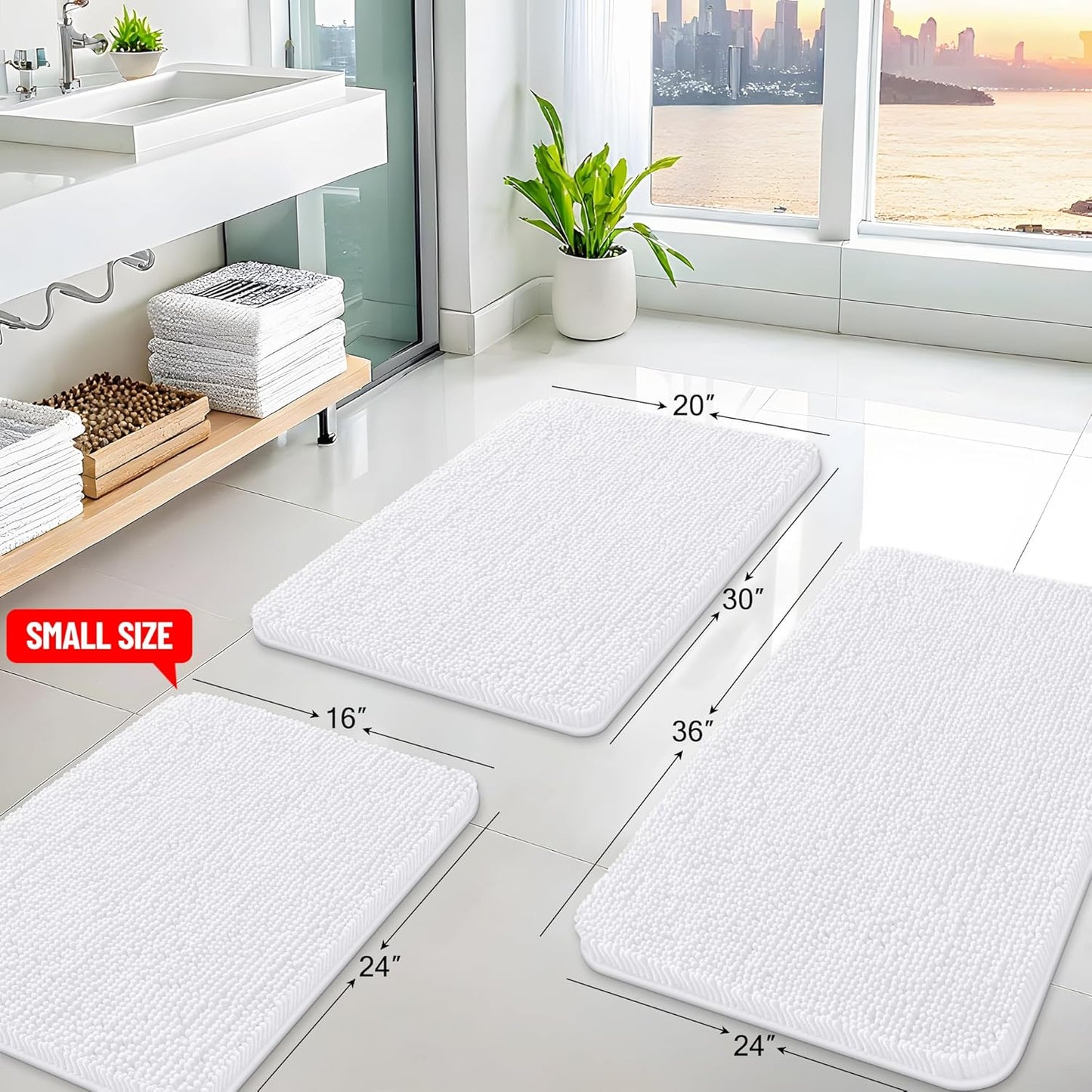 Arotive Bathroom Rugs 24x16, Extra Soft Absorbent Shaggy Chenille Bath Rugs, Machine Washable Rubber Backing Non-Slip Bath Mats for Bathroom Floor Tub and Shower, Home Decor Accessories, White