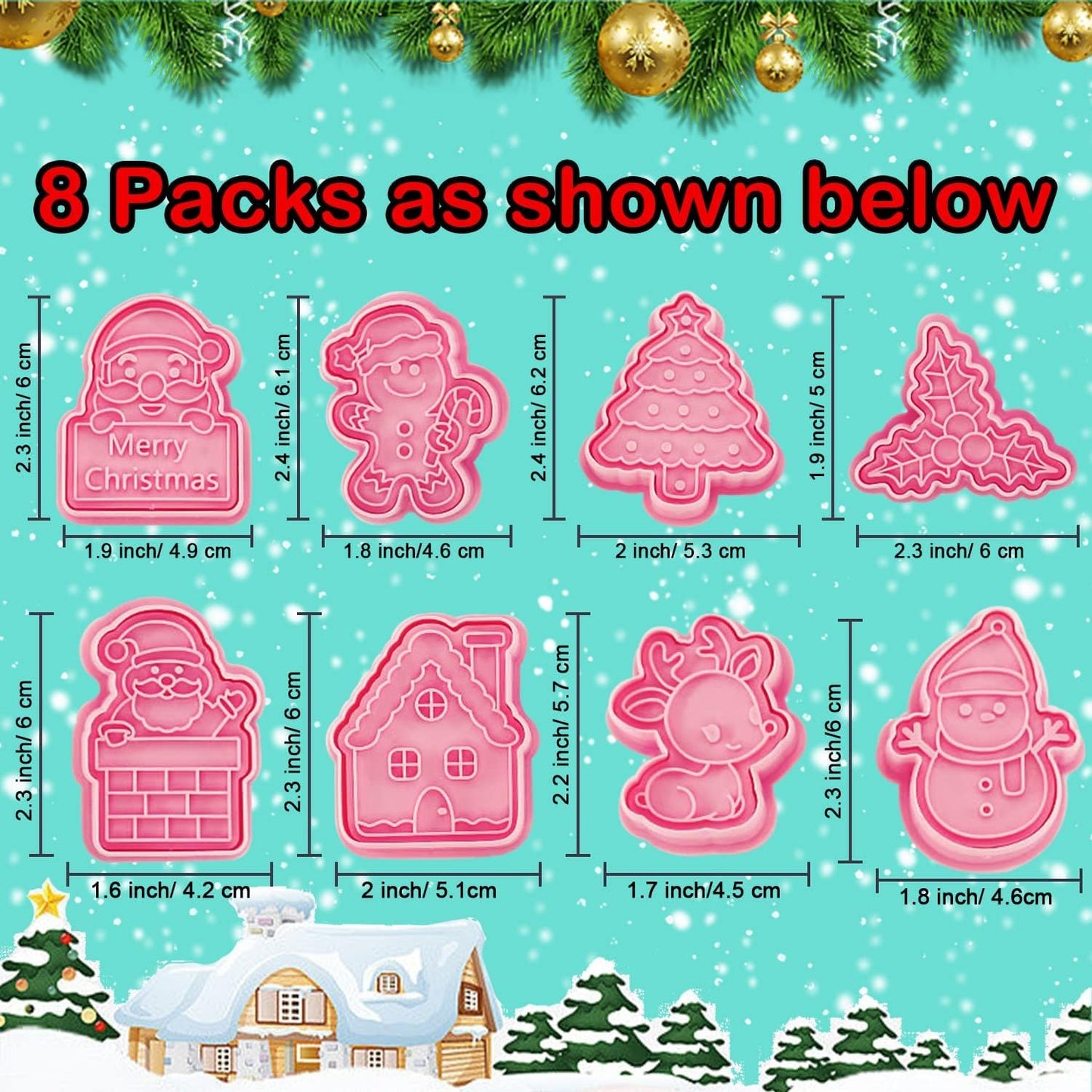 Leesgel Christmas Cookie Cutters, 3D Christmas Holiday Cookie Cutters Shapes with Santa/Xmas Tree/House/Deer, Christmas Party Decorations Ornaments